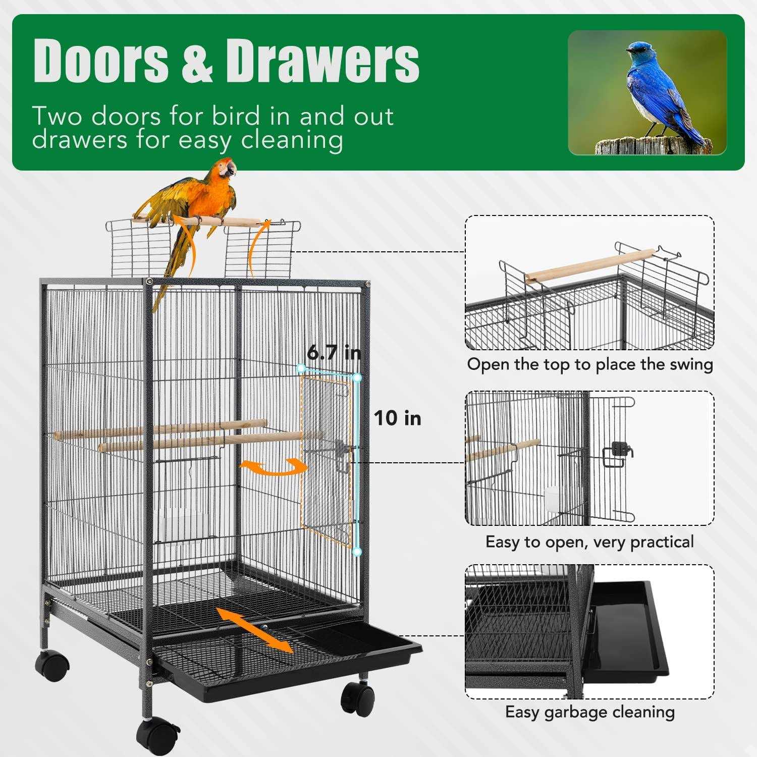 BestPet 35-inch Wrought Iron Bird Cage with Play Open Top and Rolling Stand,Black