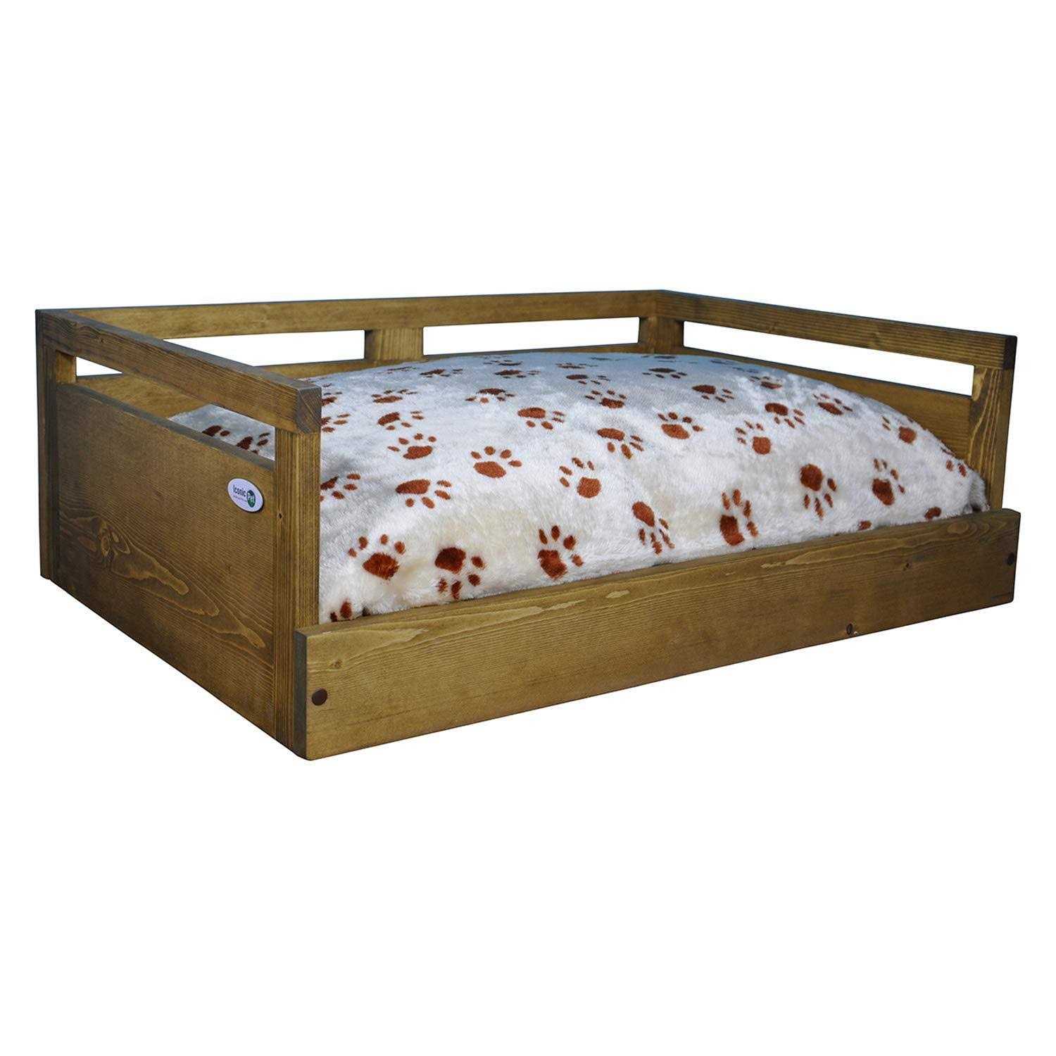 Iconic Pet Sassy Paws Wooden Pet Bed with Paw Printed Comfy Cushion