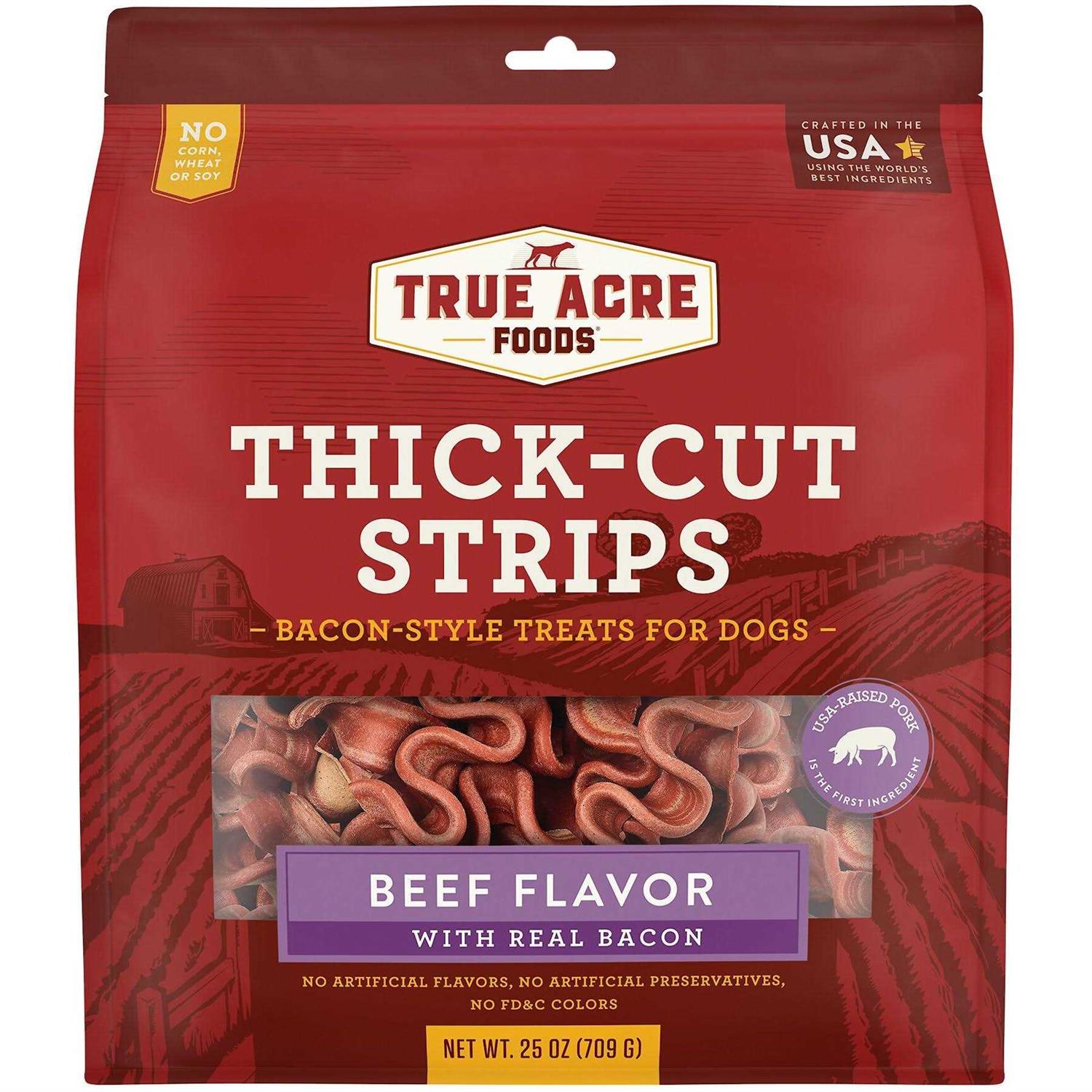 True Acre Foods Thick Cut Strips with Real Bacon and Dog Treats