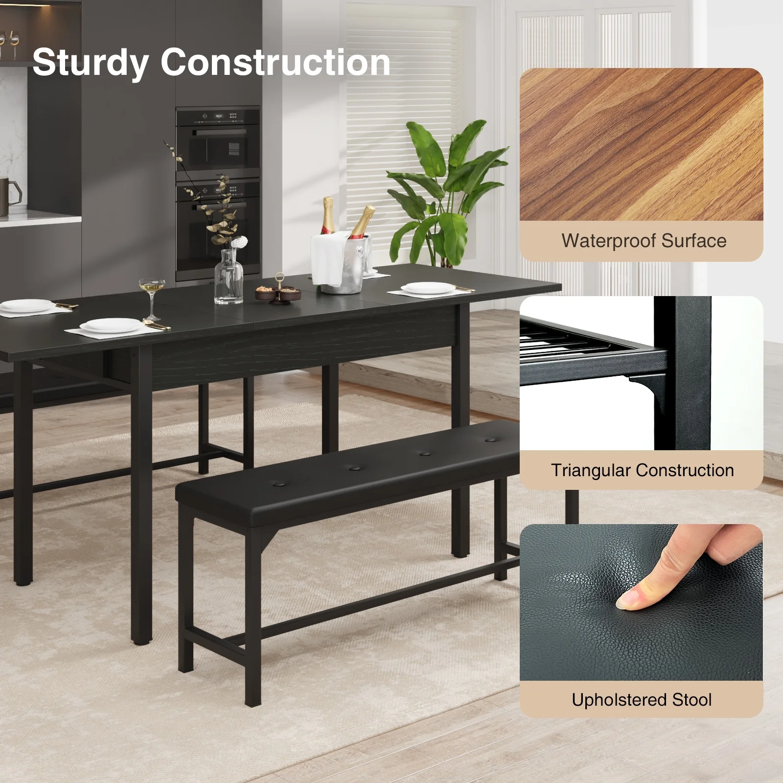 FiveWillowise 3-Piece Dining Table Set for 4-8, Kitchen Table Set with Metal Frame & Wooden Board .63