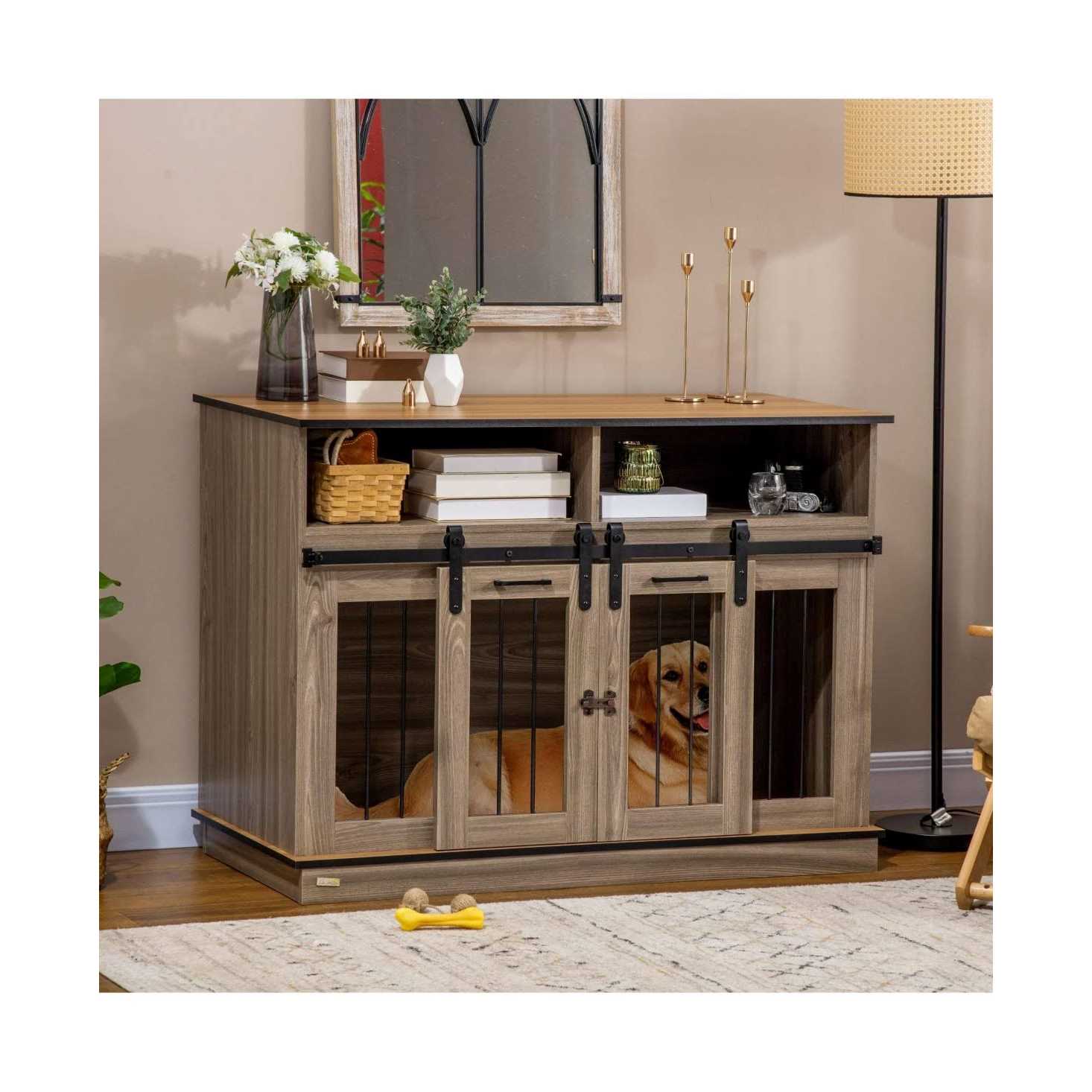 PawHut Dog Crate Furniture for Large Dogs Double Dog Kennel for Small Dogs with Shelves