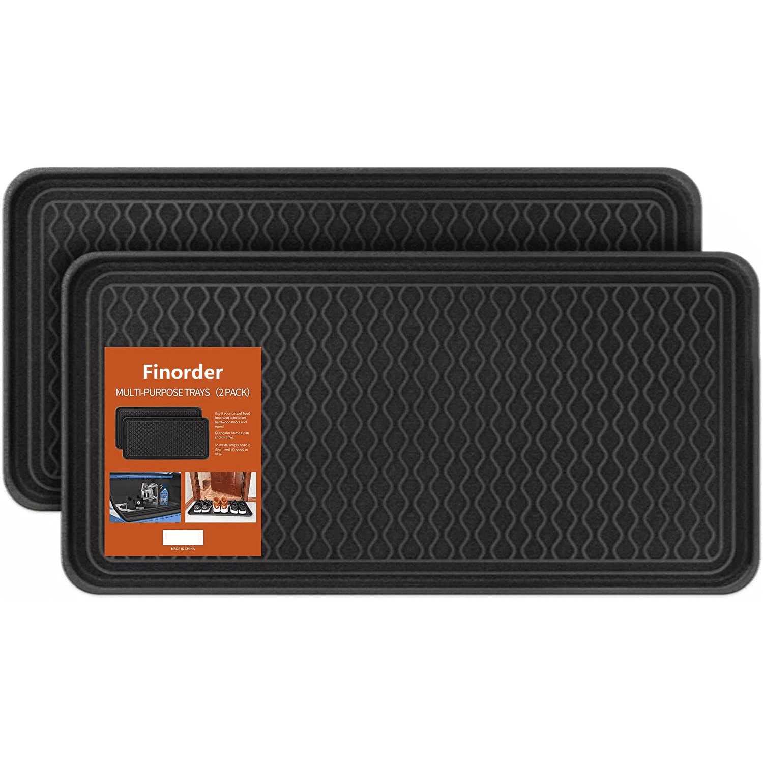 Finorder Multi-Purpose Boot Trays, Set of 2 Black All Weather Heavy Duty Shoe Trays, Pet Feeding Mat, Use for Indoor and Outdoor