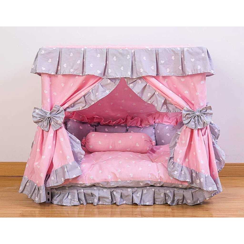 Kolachic Princess Pink grey White Heart Pet Dog Handmade Bed House+1 candy Pillow