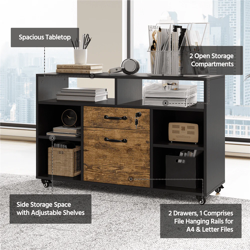Smile Mart Industrial Wooden Rolling File Cabinet with Lockable Drawer ...