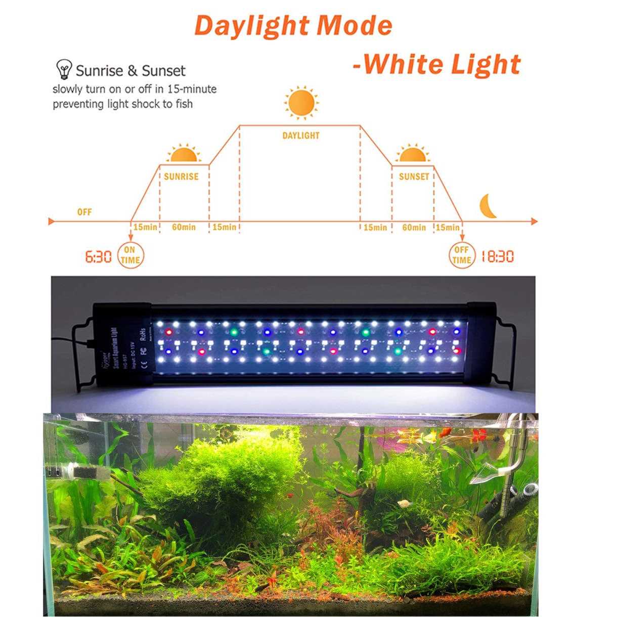 Hygger Auto On Off LED Aquarium Light Extendable 7 Colors Full Spectrum Light Fixture for Freshwater Planted Tank Build
