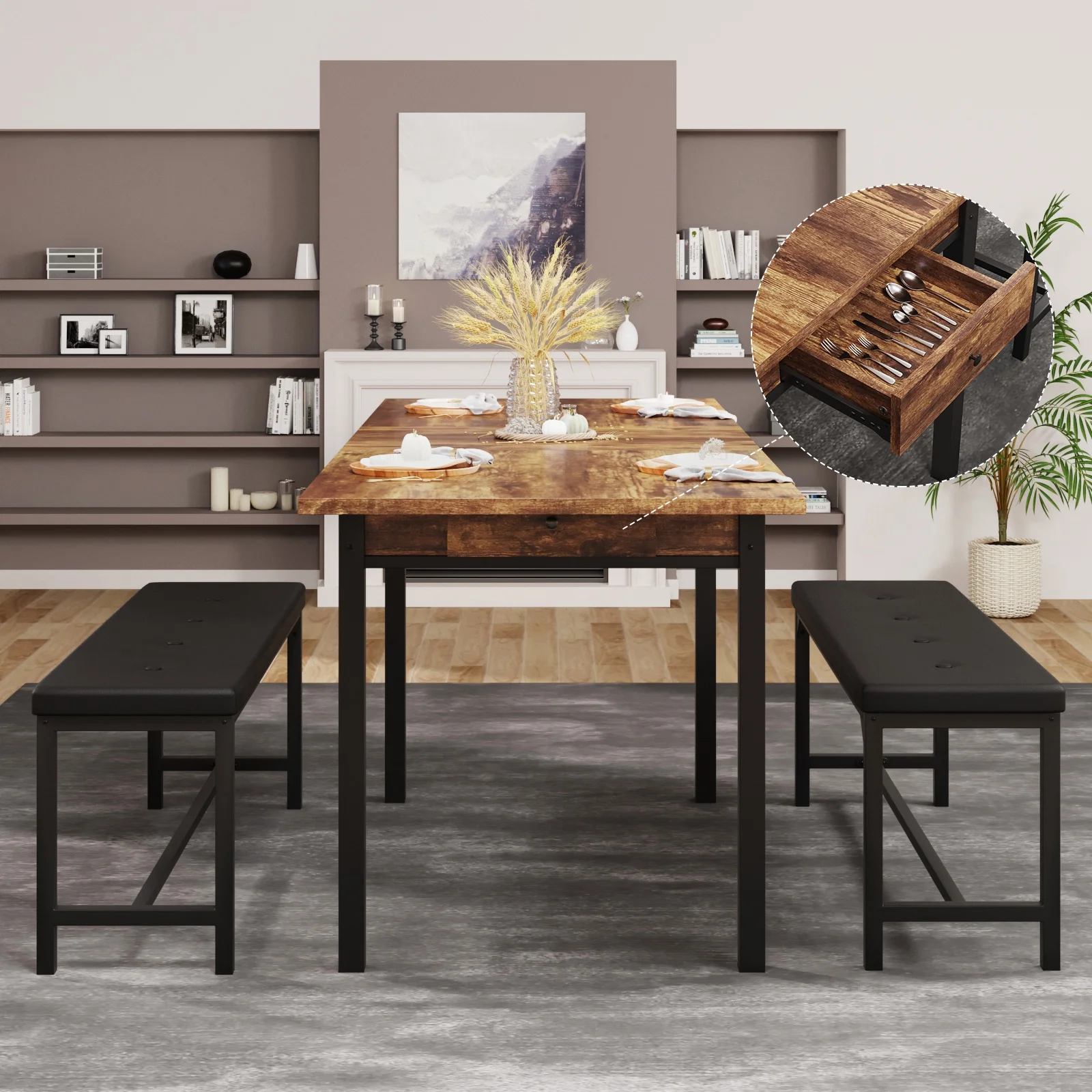 FiveWillowise 3-Piece Dining Table Set for 4-8, Kitchen Table Set with Metal Frame & Wooden Board .63