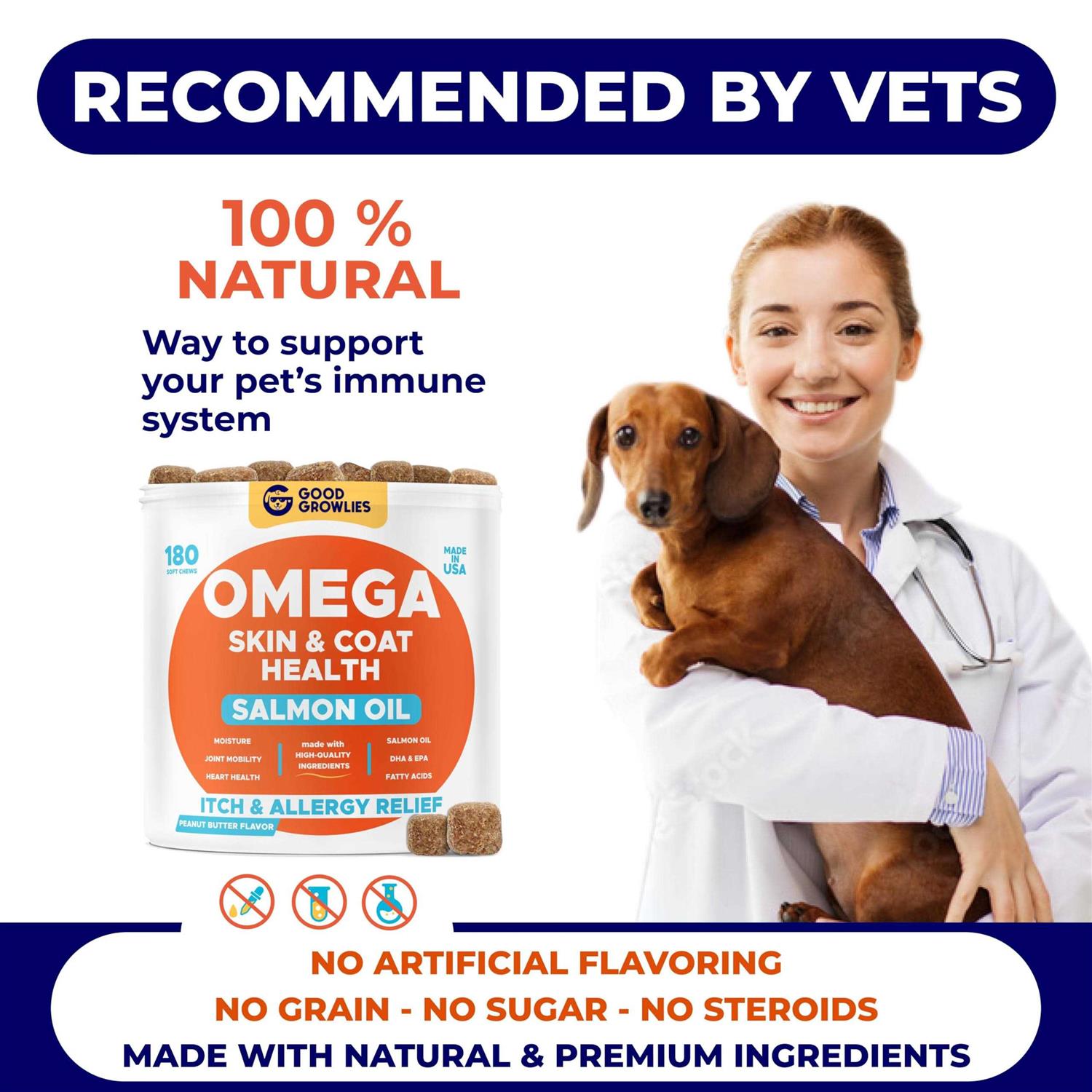 GOODGROWLIES Omega 3 Alaskan Fish Oil Treats for Dogs Dry&Itchy Skin Relief + Allergy Support