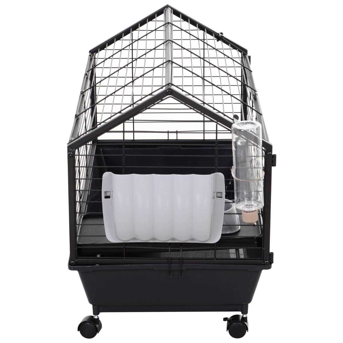 PawHut Rolling Metal Rabbit Guinea Pig or Small Animal Hutch Cage with Main House and Run