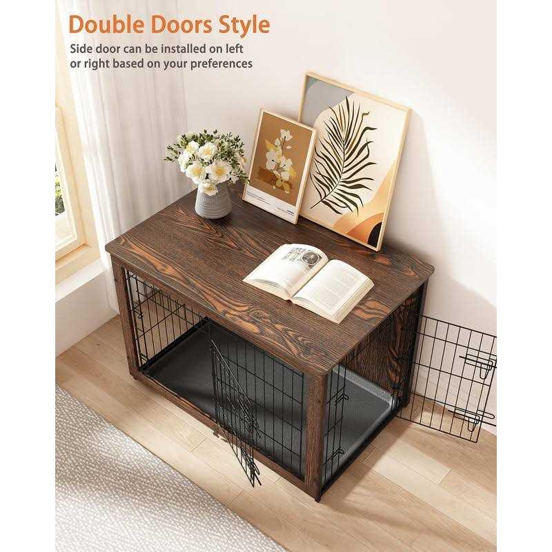Megidok Wooden Dog Crate Furniture with Cushion Dog Crate End Table with Tray