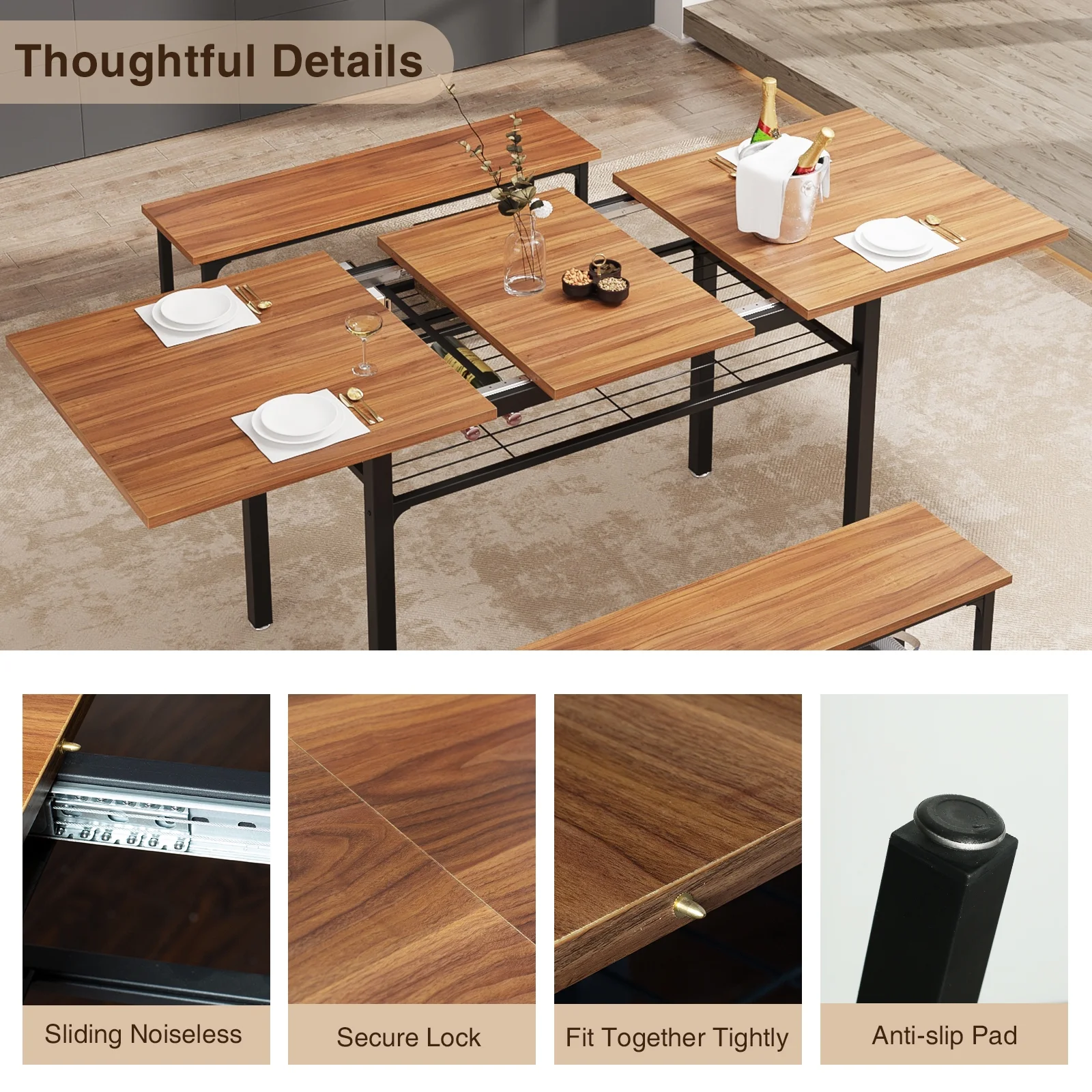 FiveWillowise 3-Piece Dining Table Set for 4-8, Kitchen Table Set with Metal Frame & Wooden Board .63