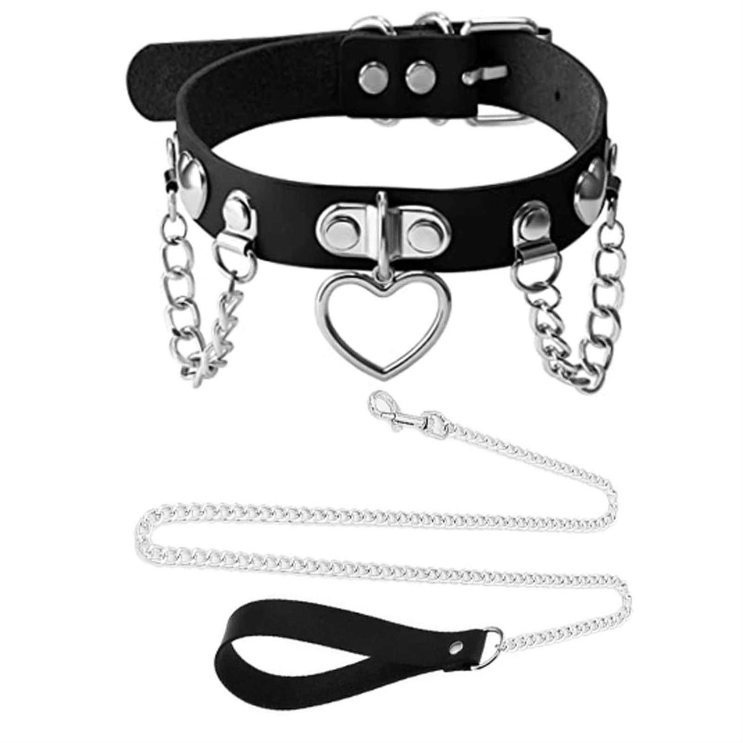 Tosmifairy Black Leather Choker Collar with Chain Leash Set Heart Pendant Necklace for Womens Pet Dogs Cats Unique Gifts