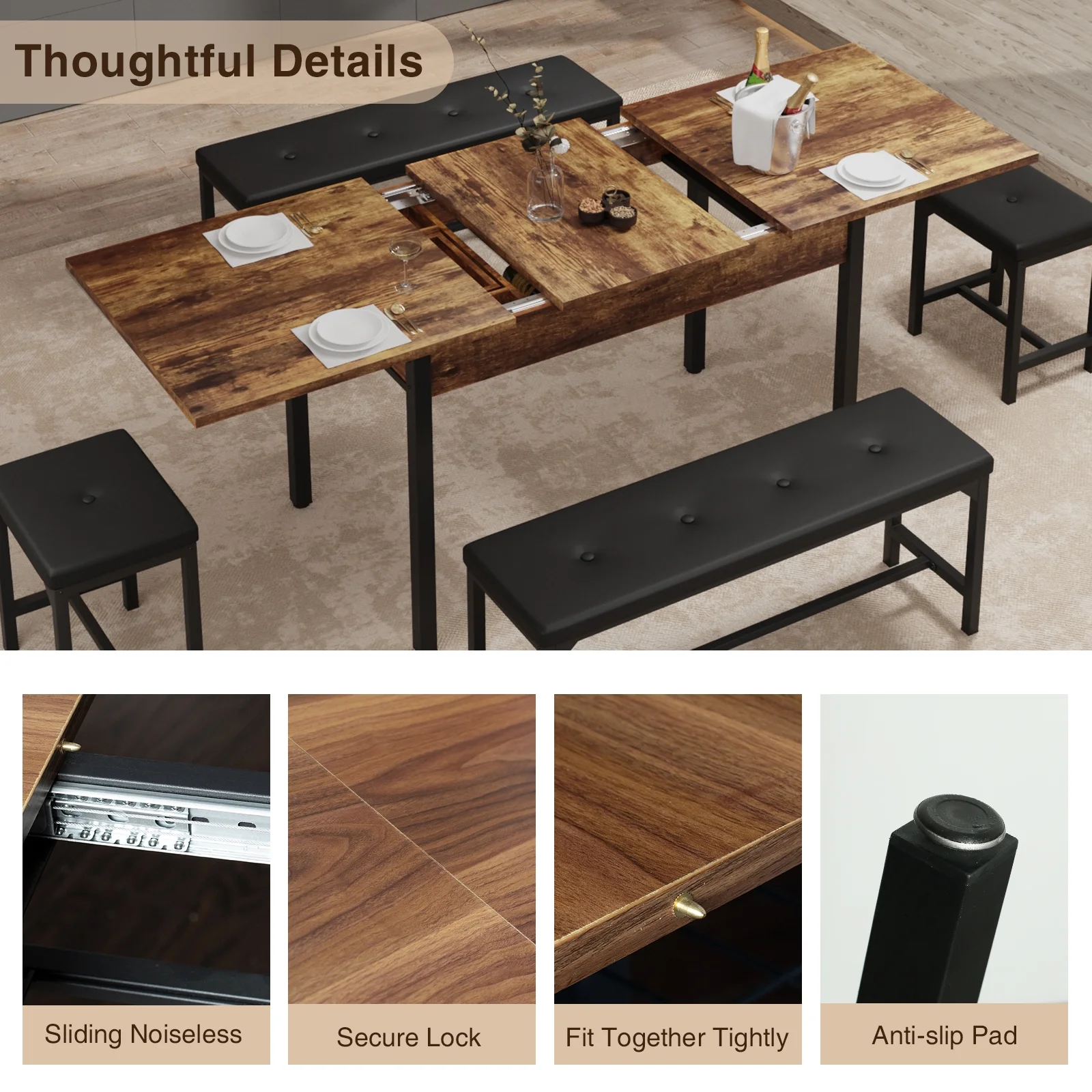 FiveWillowise 3-Piece Dining Table Set for 4-8, Kitchen Table Set with Metal Frame & Wooden Board .63