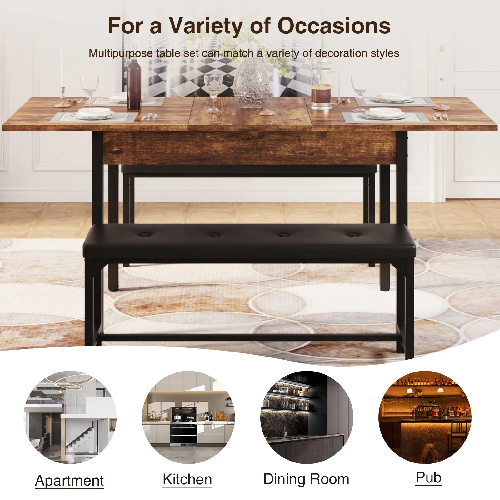 FiveWillowise 3-Piece Dining Table Set for 4-8, Kitchen Table Set with Metal Frame & Wooden Board .63