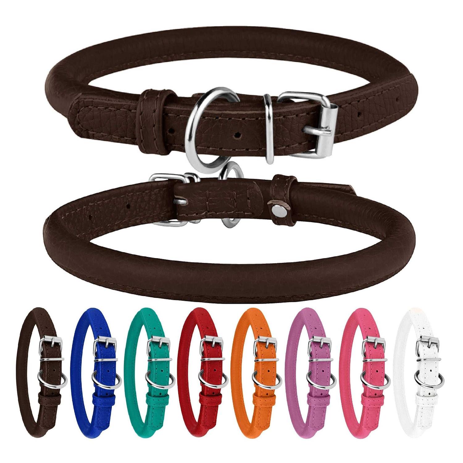 Bronzedog Rolled Leather Dog Collar with QR ID Dog Tag Round Personalized Collars for Small Medium Large Dogs Puppy Cat