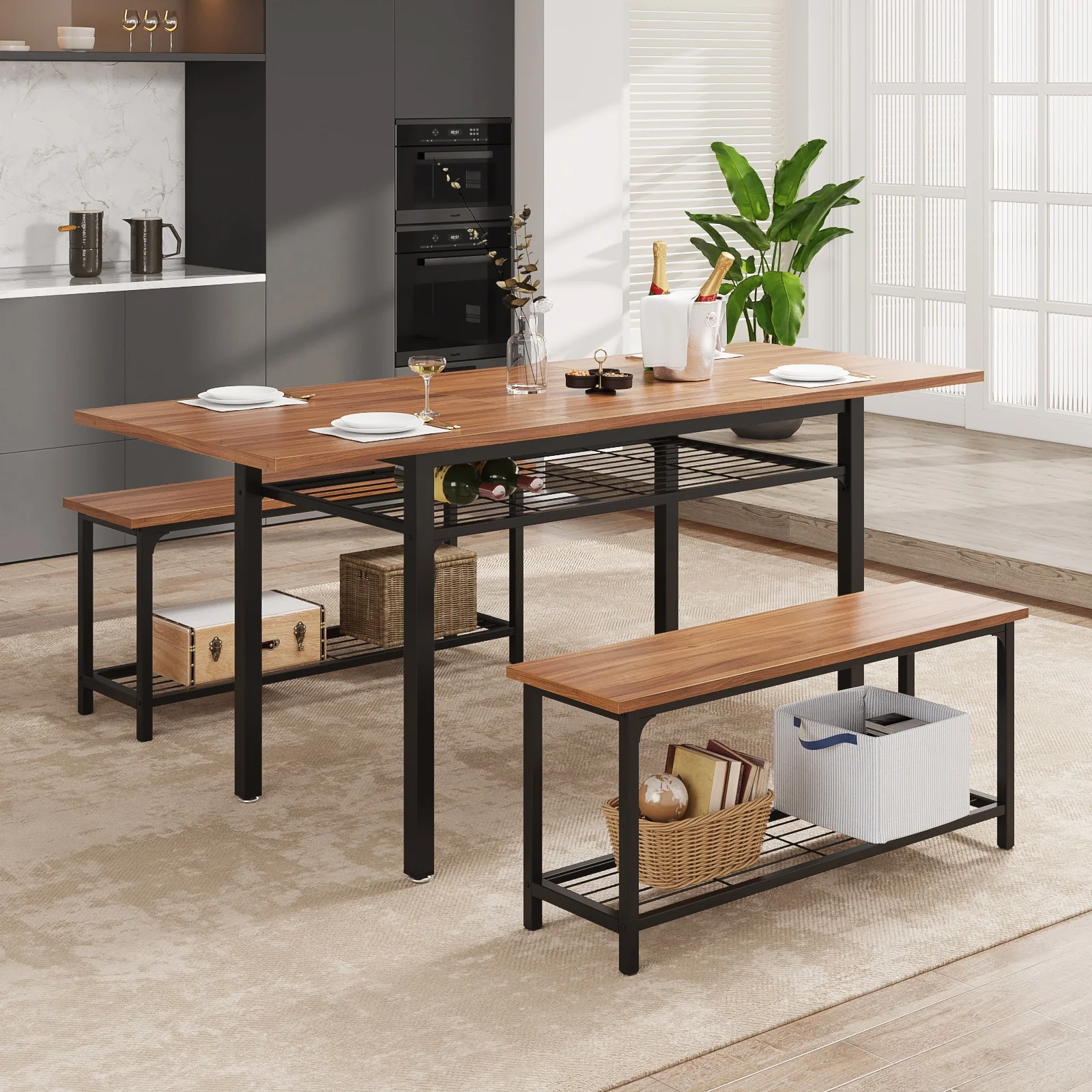 FiveWillowise 3-Piece Dining Table Set for 4-8, Kitchen Table Set with Metal Frame & Wooden Board .63