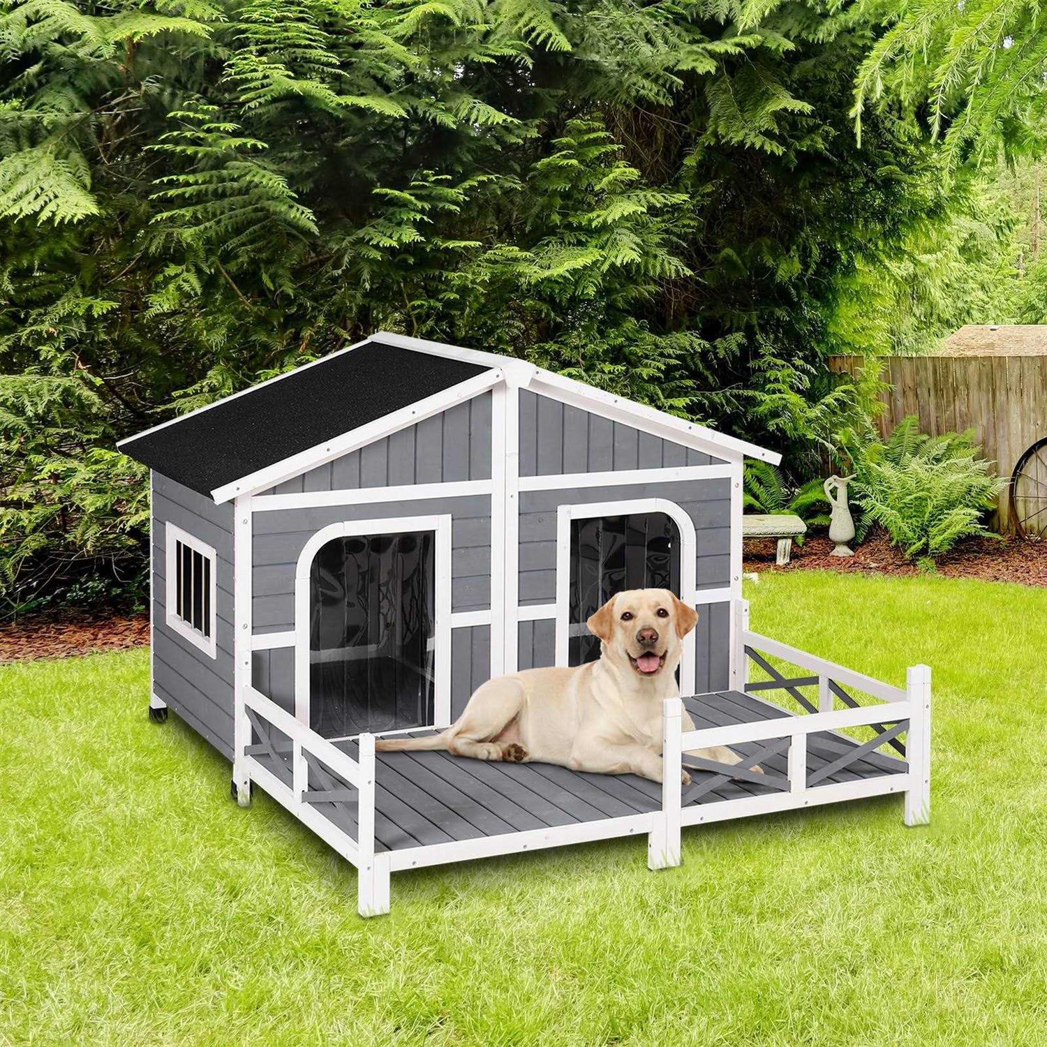 PawHut 59x64x39 Wood Large Dog House Cabin Style Elevated Pet Shelter w/Porch Deck