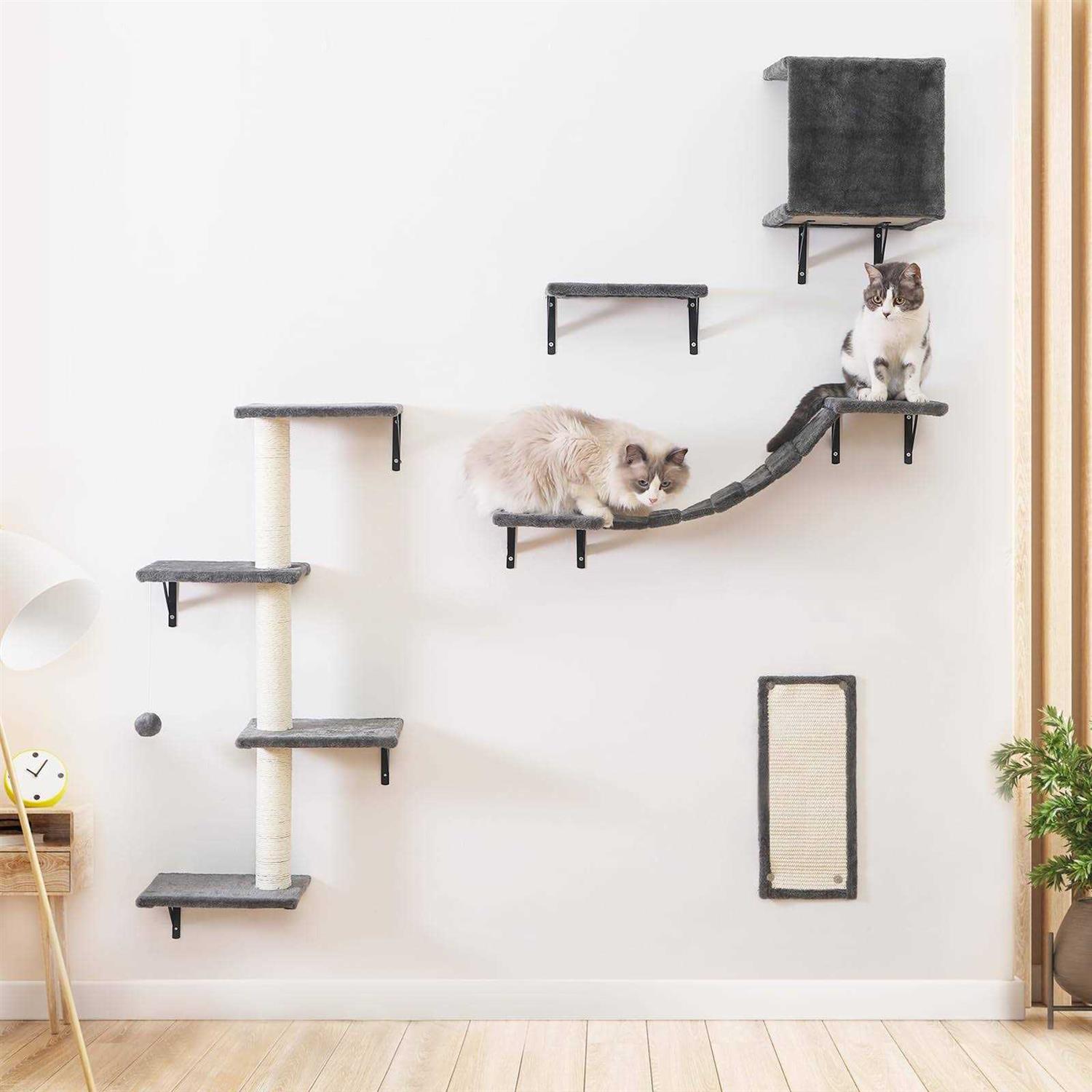 Modern Wall-Mounted Cat Furniture 5pcs Cat Wall Shelves Wooden Cat Climber Cat House, Bridge, Tree, Steps, and Scratcher