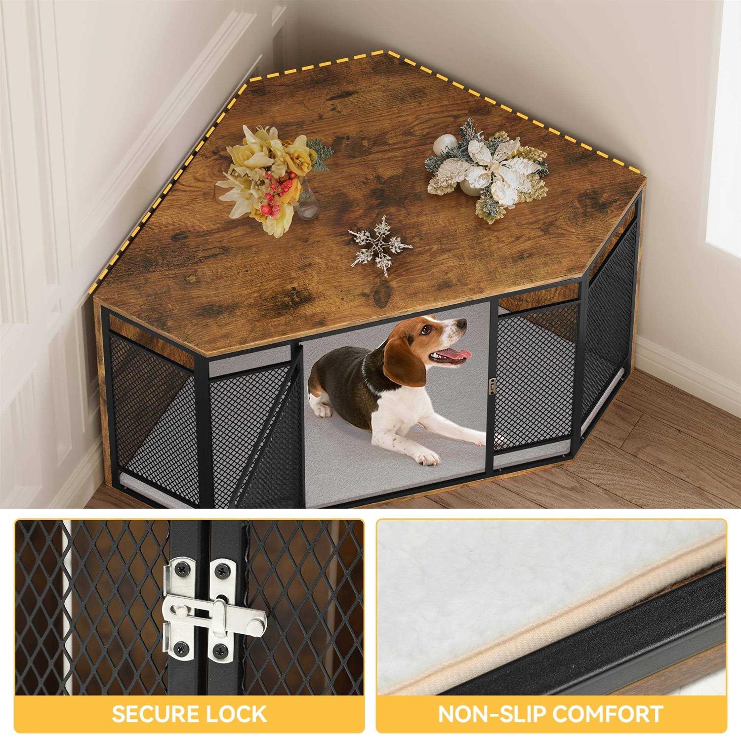 Dextrus Corner Dog Crate Furniture,Stylish 43.7-inch Wooden Dog Kennel with Sturdy Metal Mesh