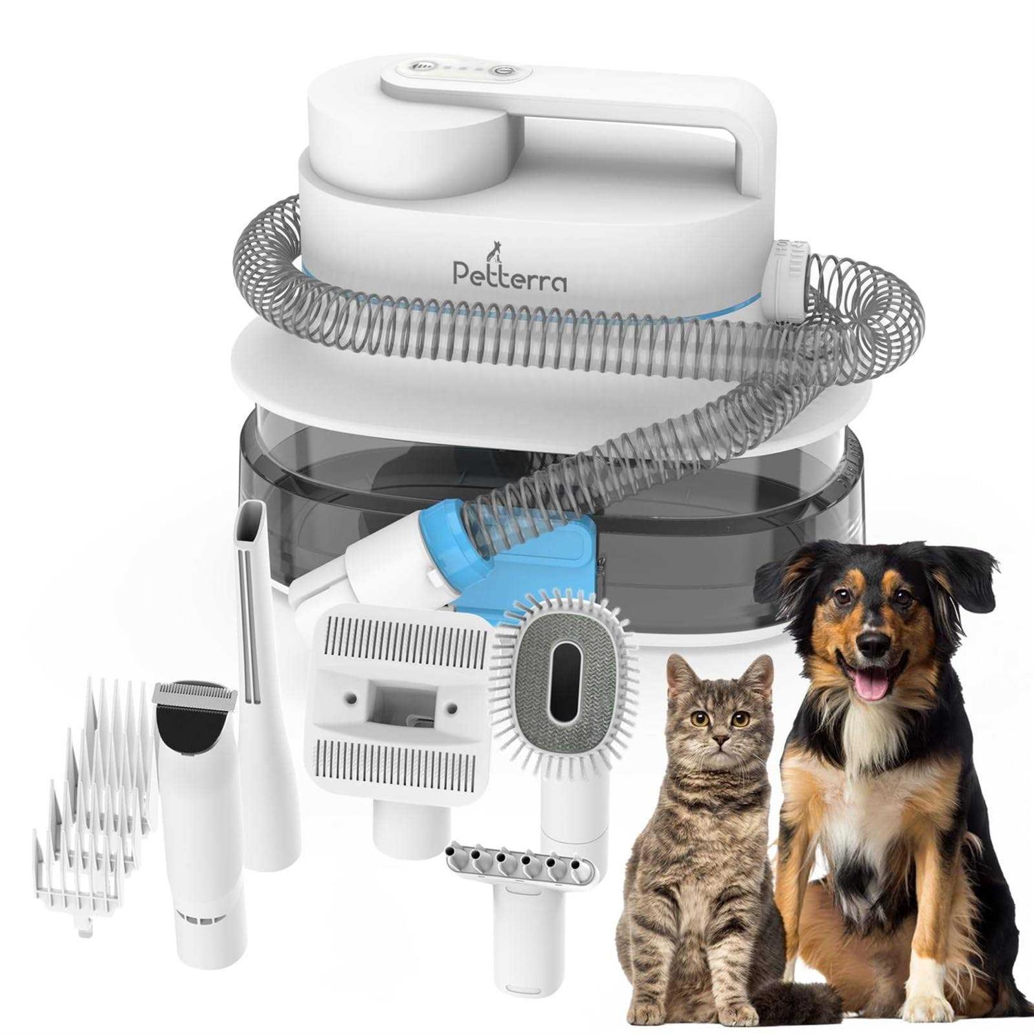 Pet Terra 3-in-1 Grooming Kit Vacuum Suction 99% Dryer & Professional Pet Grooming Clipper. 6 Grooming Tools for Shedding & Drying Pet Hair. 4L Dust