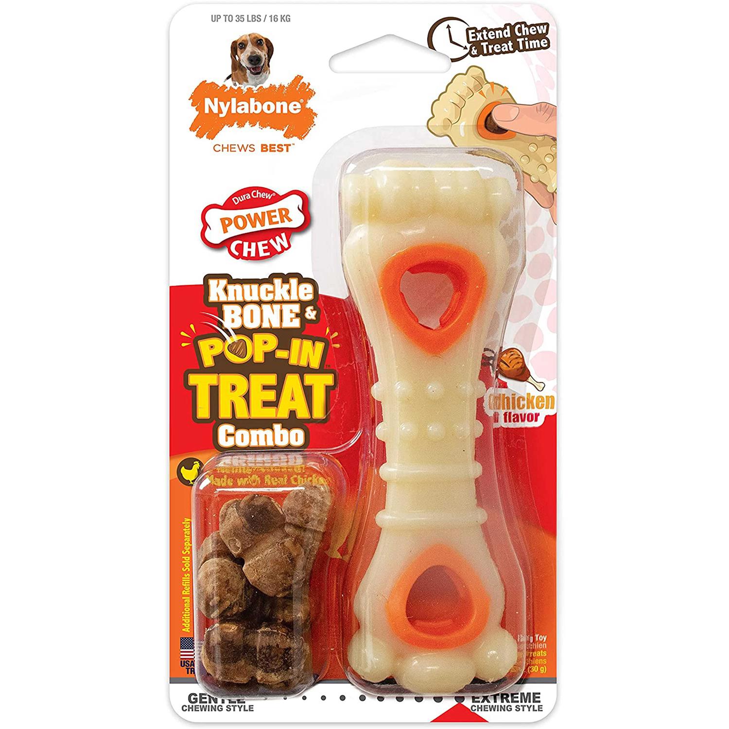 Nylabone Power Chew Knuckle Bone & Pop-In Treat Combo Chicken Toy