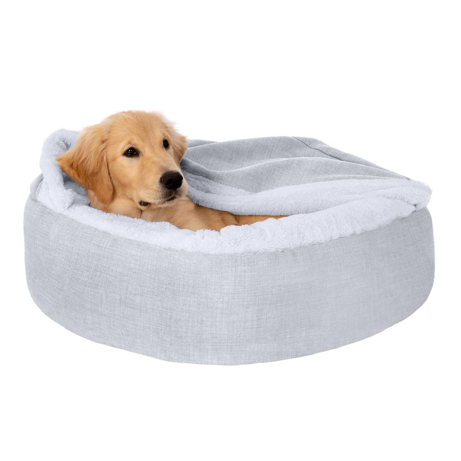 FurHaven Pet Products Plush & Performance Linen Hooded Donut Pet Bed for Dogs & Cats