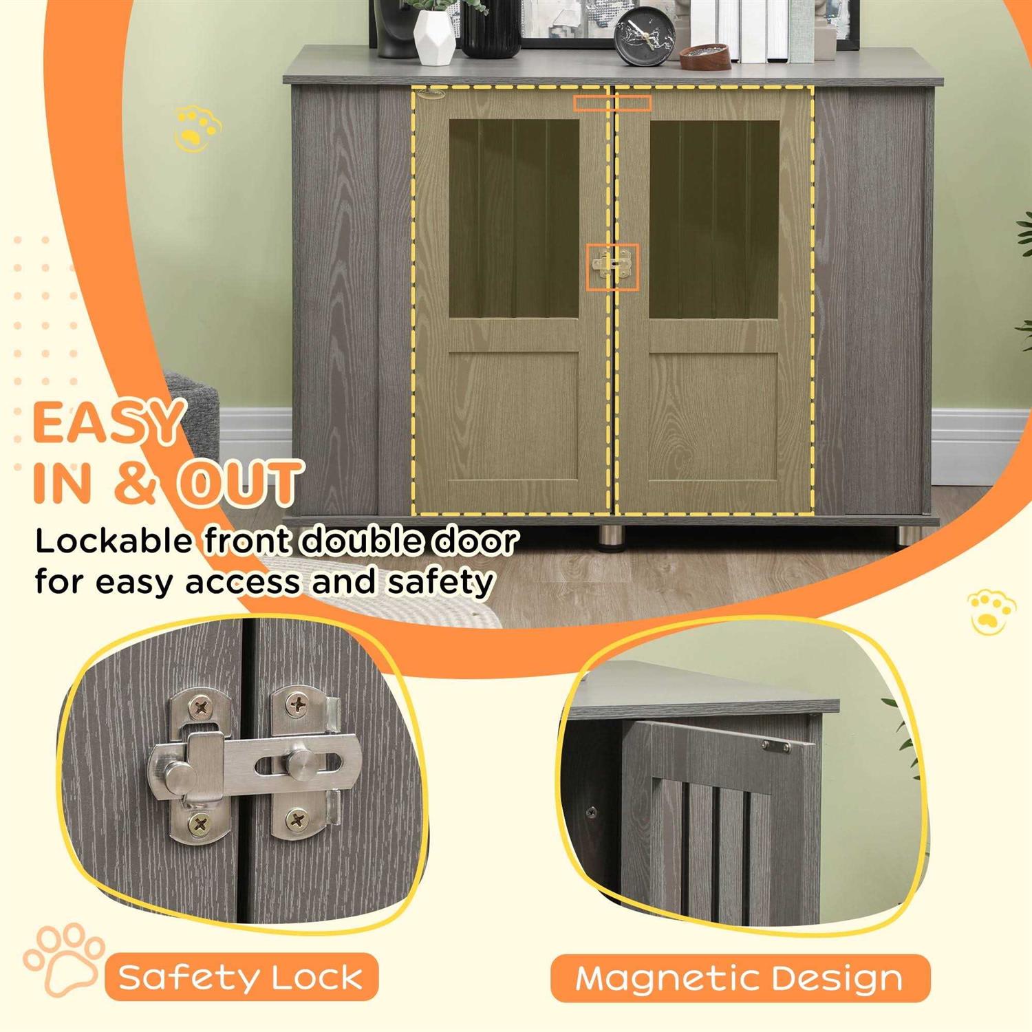 PawHut Dog Crate Furniture Wooden End Table Furniture with Lockable Magnetic Doors