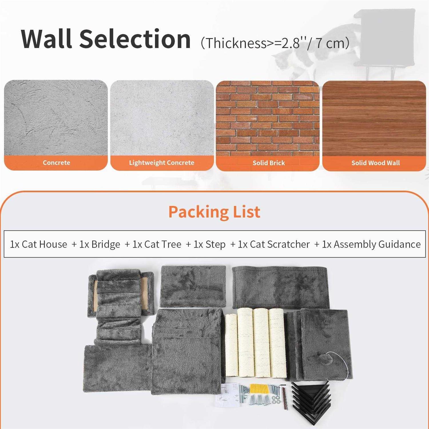 Modern Wall-Mounted Cat Furniture 5pcs Cat Wall Shelves Wooden Cat Climber Cat House, Bridge, Tree, Steps, and Scratcher