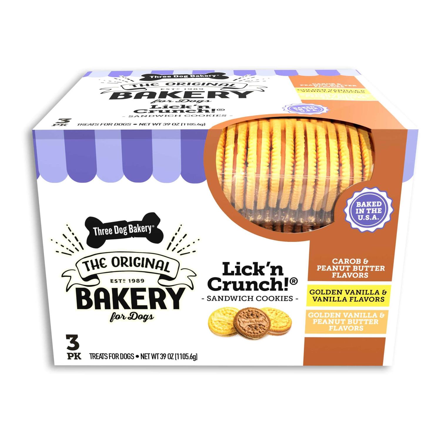Three Dog Bakery Lick’n Crunch Sandwich Cookies Premium Dog Treats with No Artificial Flavors