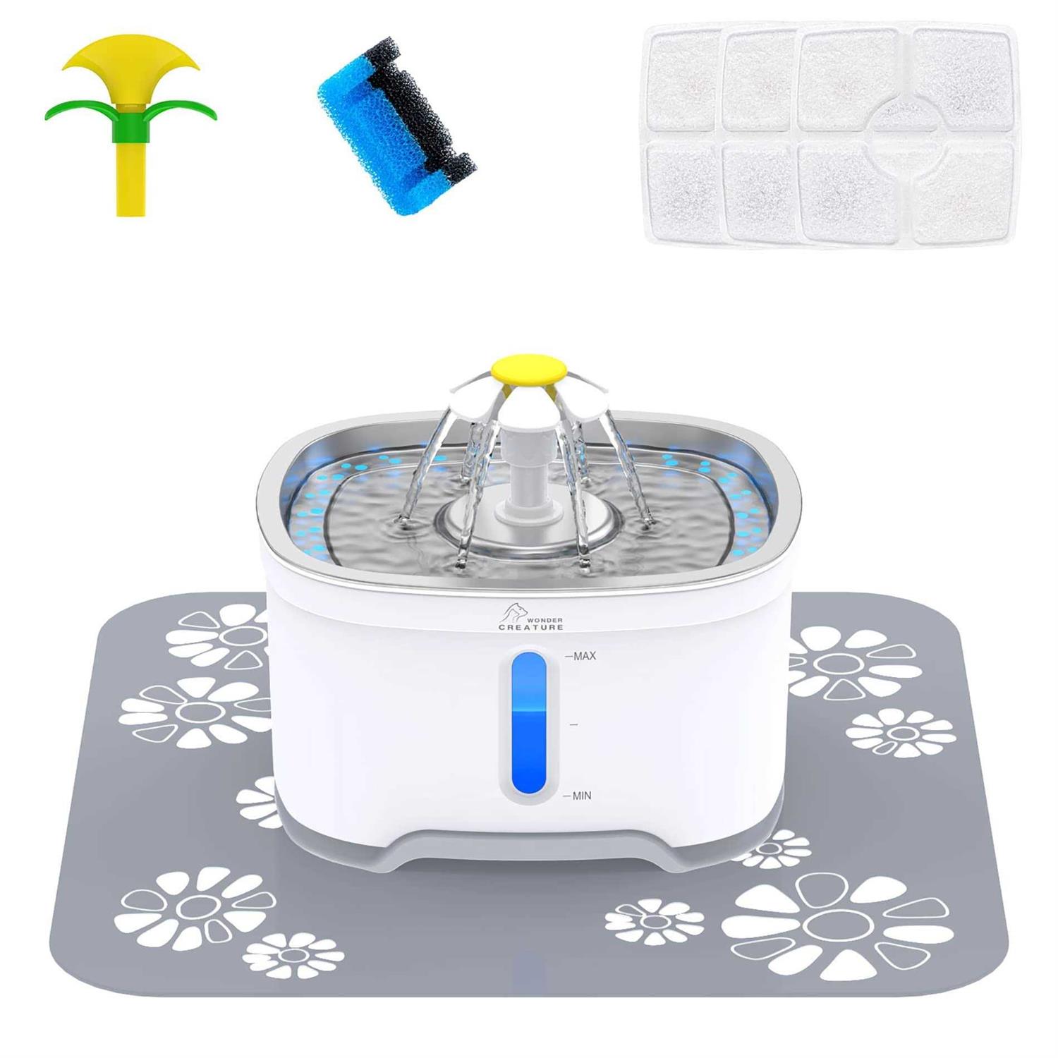 Wonder Creature Cat Fountain Stainless Steel, 84oz/2.5L Automatic Pet Fountain with Water Level Window and LED Light for Water Shortage Alert