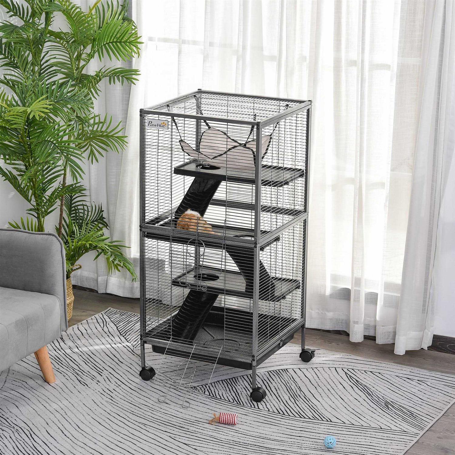 PawHut Rolling Small Animal Cage Pet for Rabbits, Chinchillas, Ferret with Wheels, Hammock, 4 Platforms and Removable Tray