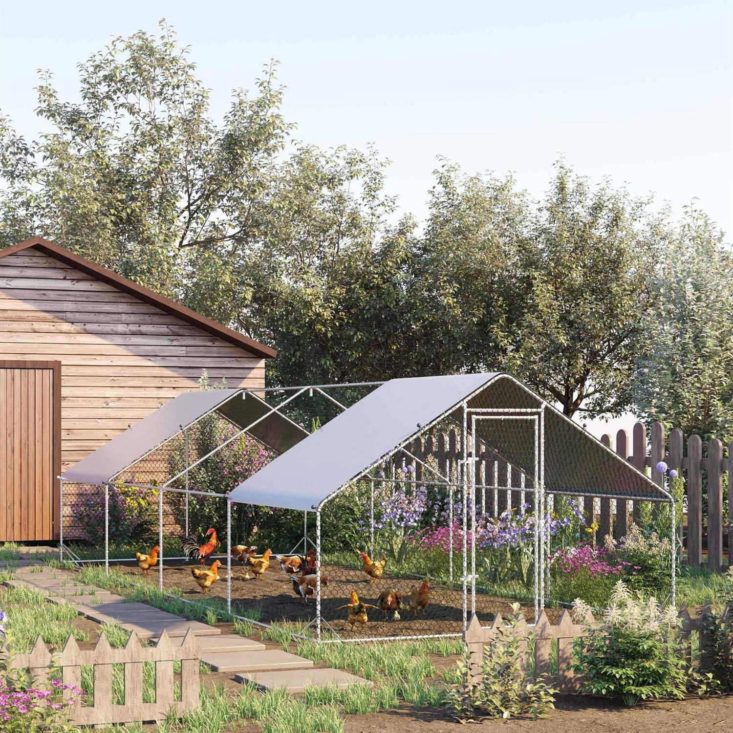 PawHut Large Metal Chicken Coop, Walk-in Poultry Cage Hen Playpen House with Cover and Lockable Door for Outdoor