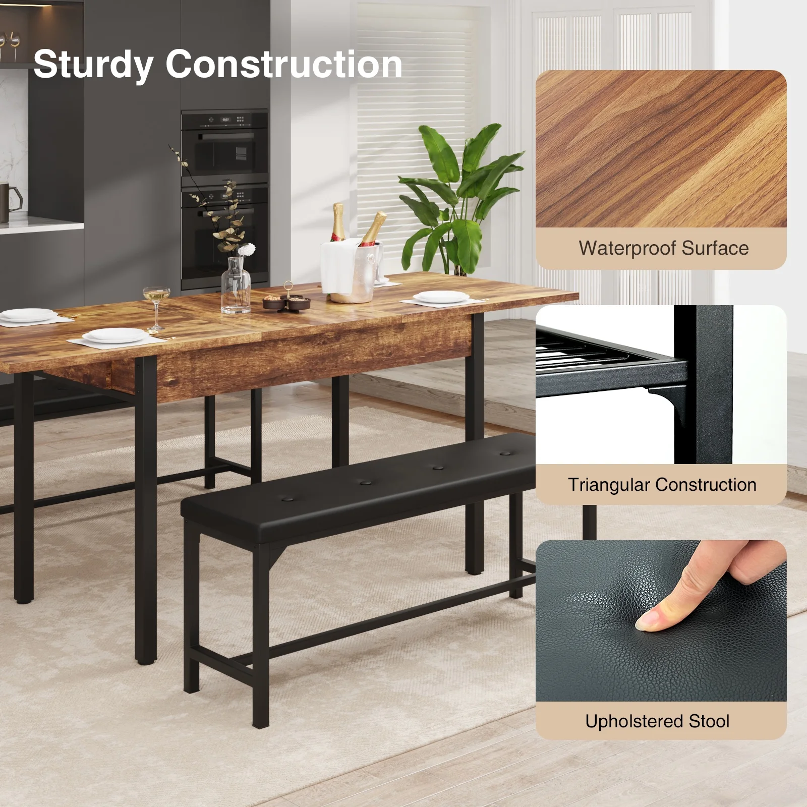 FiveWillowise 3-Piece Dining Table Set for 4-8, Kitchen Table Set with Metal Frame & Wooden Board .63