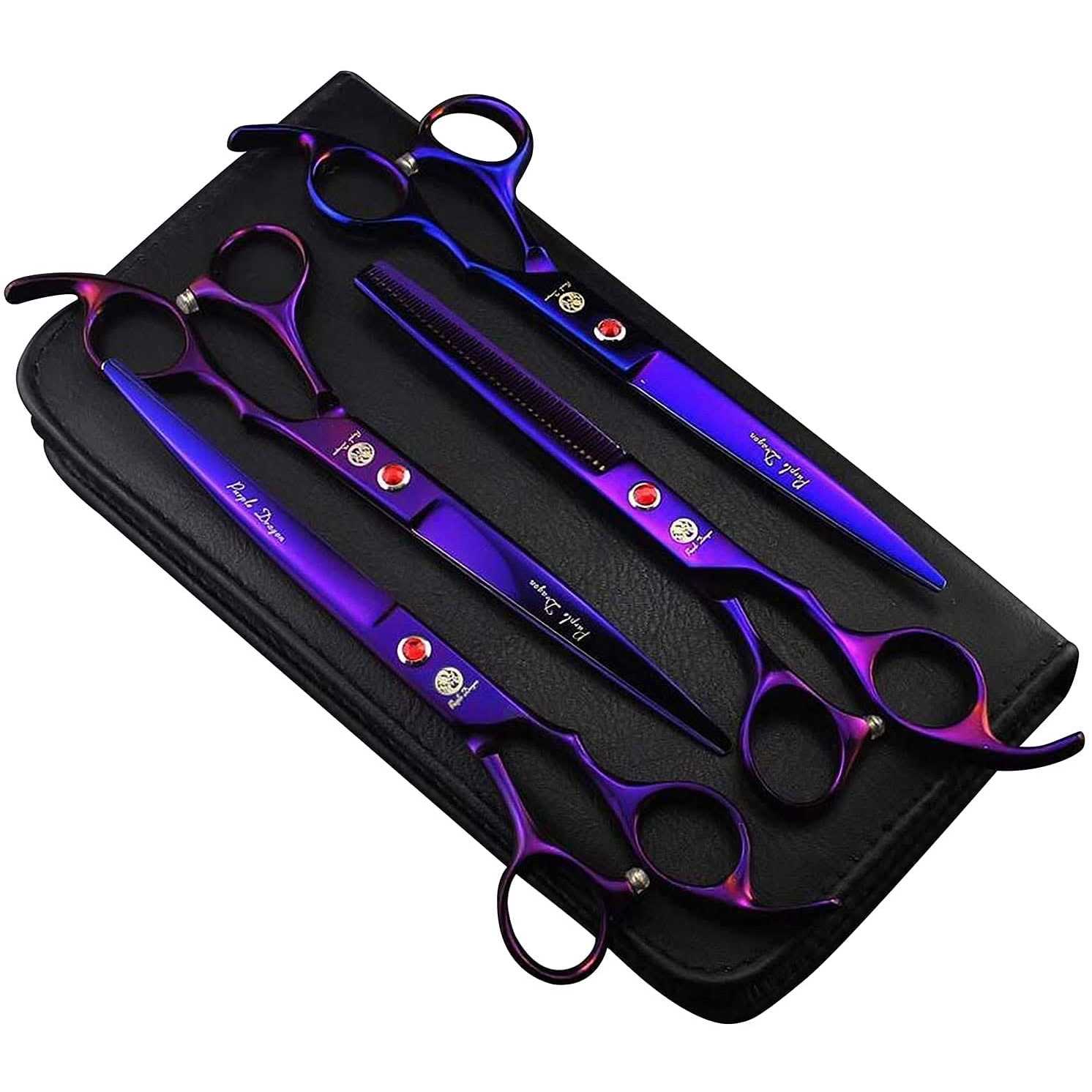 Purple Dragon Professional 7.0 inch 4PCS Pet Grooming Scissors Kit Japan Premium Steel Straight & Curved & Thinning Blade Dog Hair Cutting Shears Set