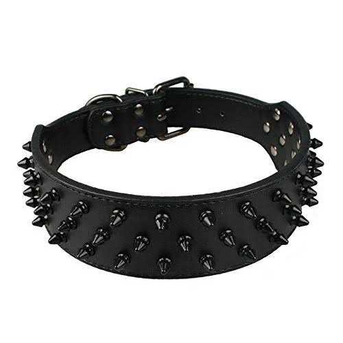 Dogs Kingdom Leather Black Spiked Studded Dog Collar 2 Wide