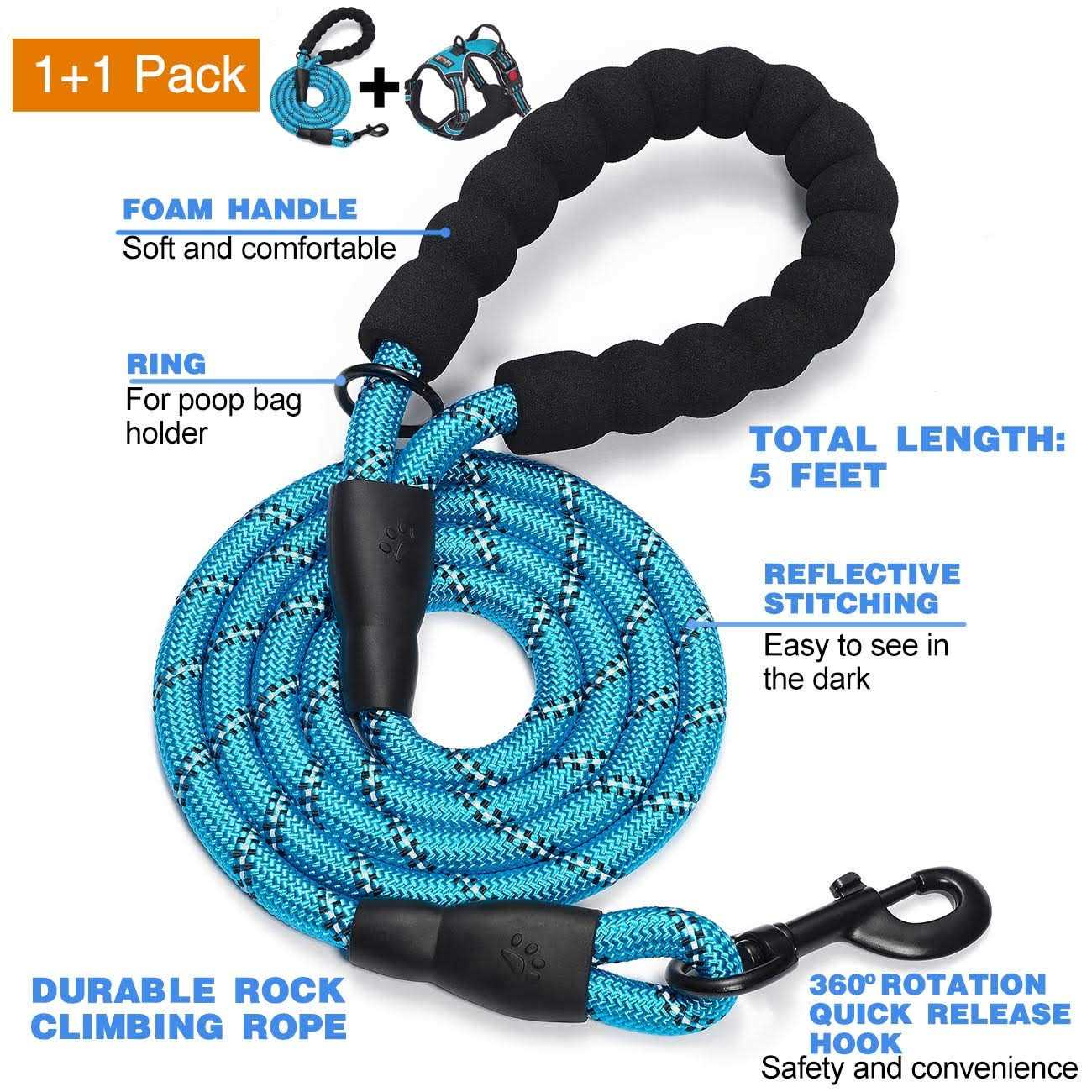 tobeDRI No Pull Dog Harness Adjustable Reflective Oxford Easy Control Medium Large Harness with A Free Heavy Duty 5ft Dog Leash