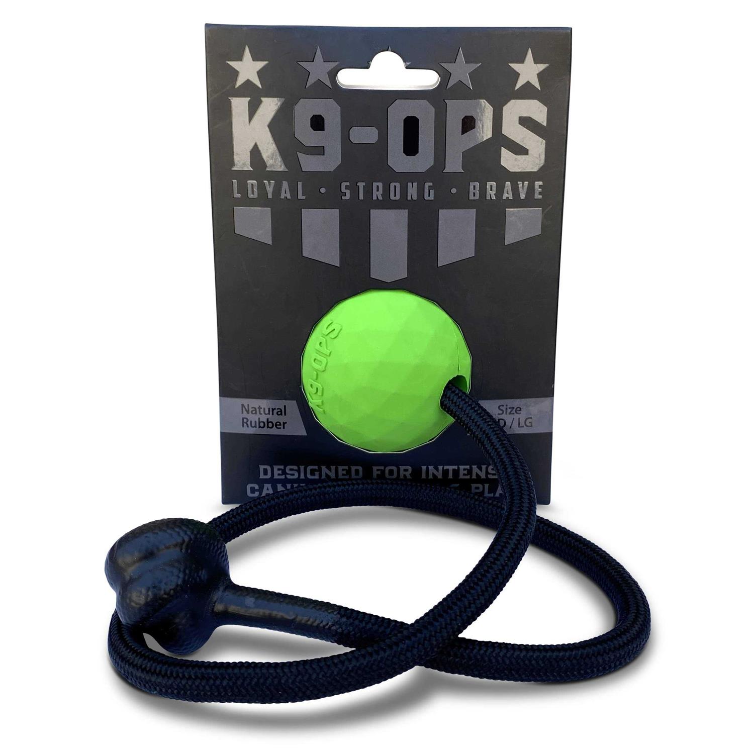 K9 Ops Dog Ball on a Rope moki Tug Toy Solid Rubber Fetch Training Reward