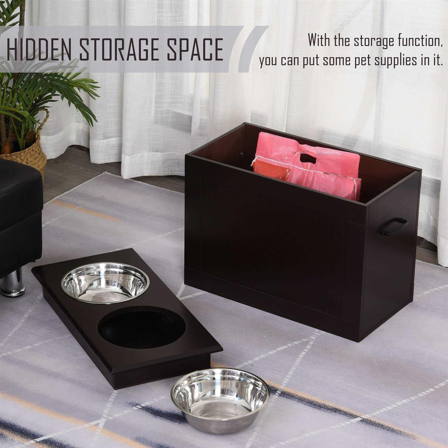 PawHut Raised Pet Feeding Storage Station with 2 Stainless Steel Bowls Base for Large Dogs and Other Large Pets