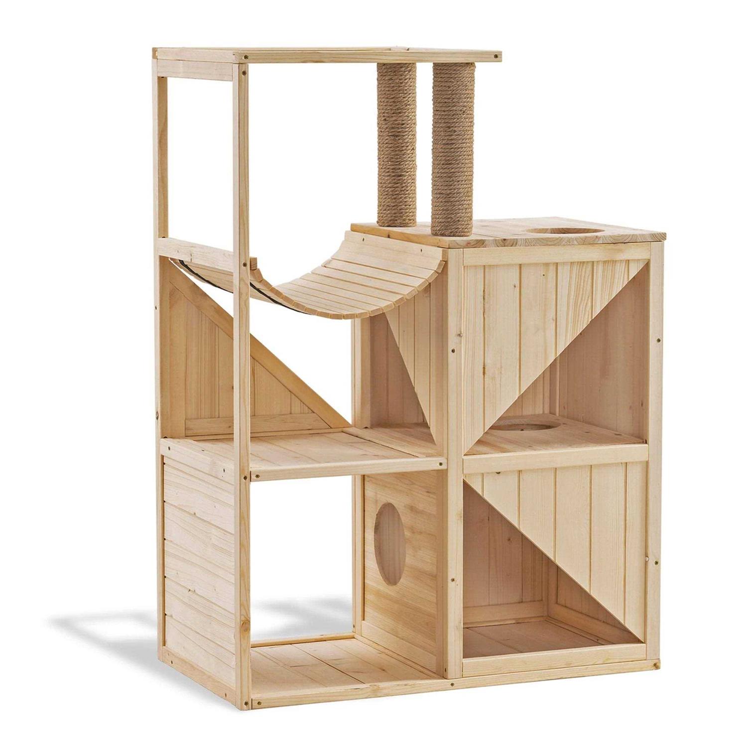 MCombo 43.5 inch Tall Solid Wood Cat House w/ Scratching Columns 0505