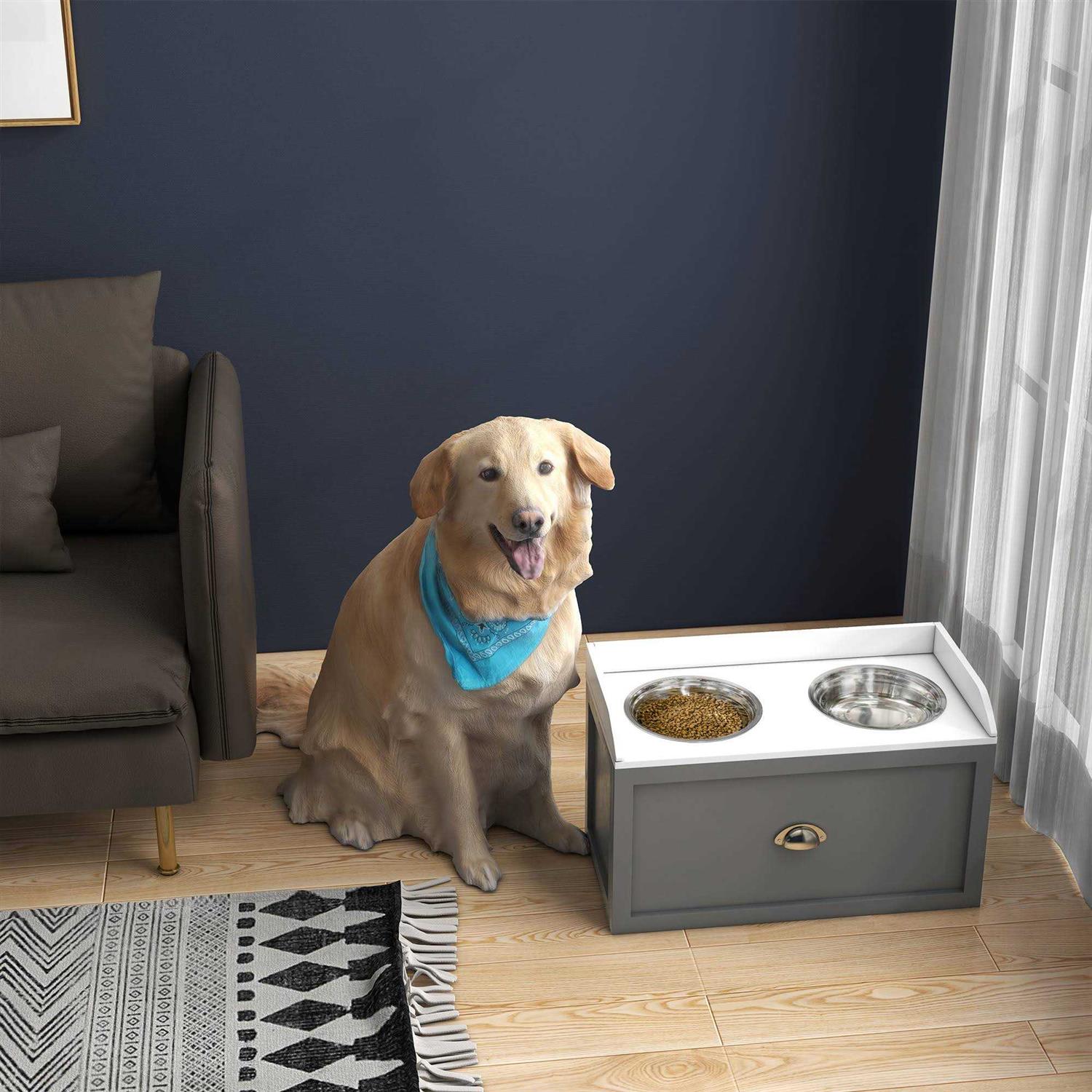 PawHut Large Elevated Dog Bowls with Storage Drawer