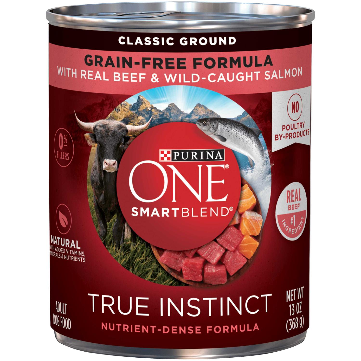 Purina ONE SmartBlend Grain-Free True Instinct Classic Ground with Real Beef & Wild-Caught Salmon Canned Dog Food, 13-oz, case of 12