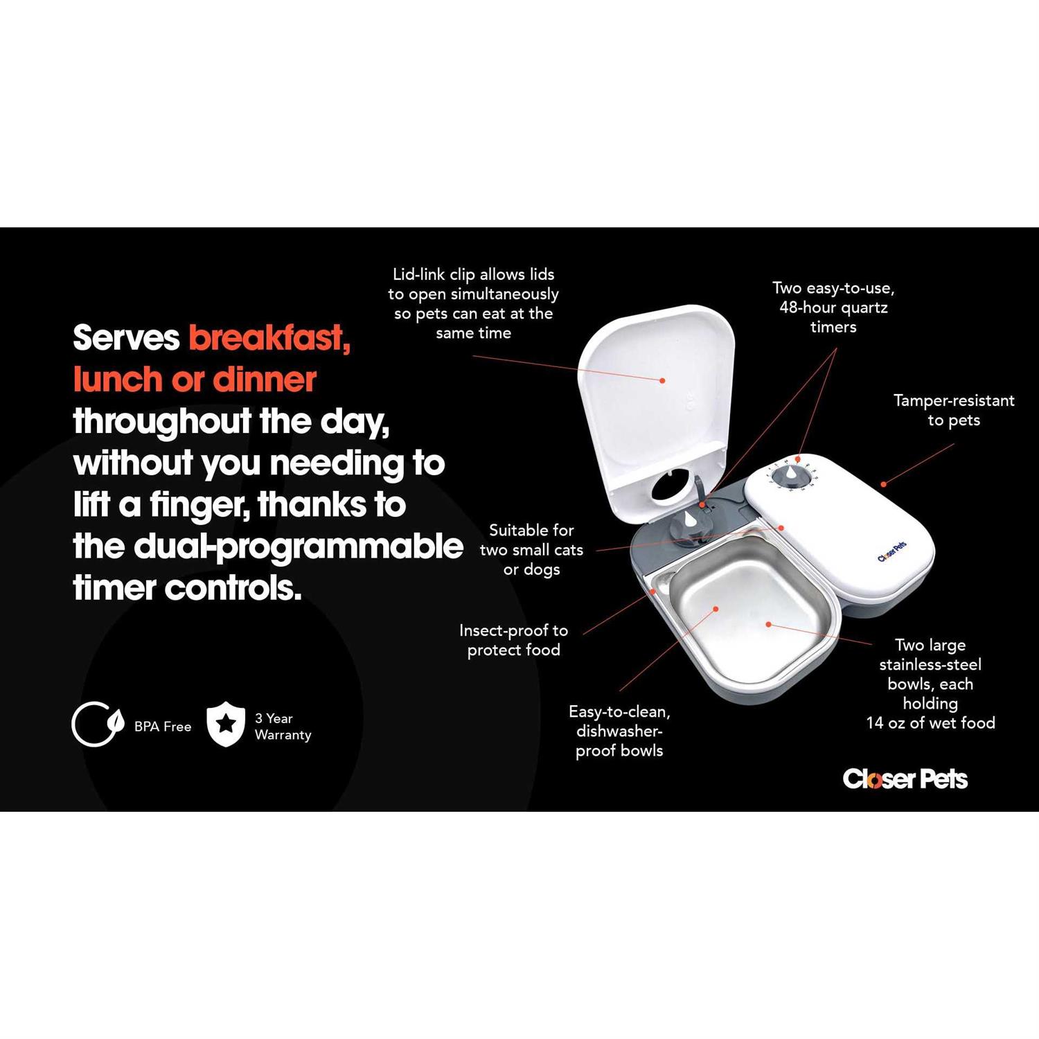 Closer Pets Two-Meal Automatic Pet Feeder with Stainless Steel Bowl Inserts