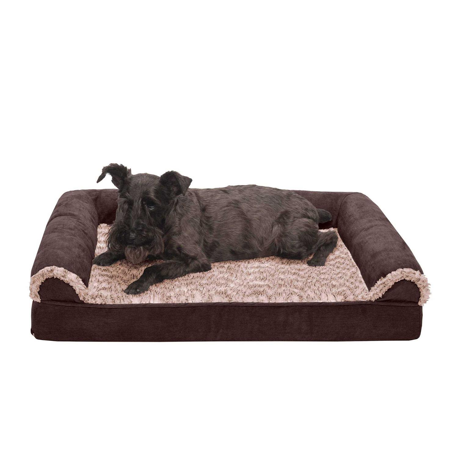 FurHaven Two-Tone Faux Fur Suede Orthopedic Sofa Dog Bed