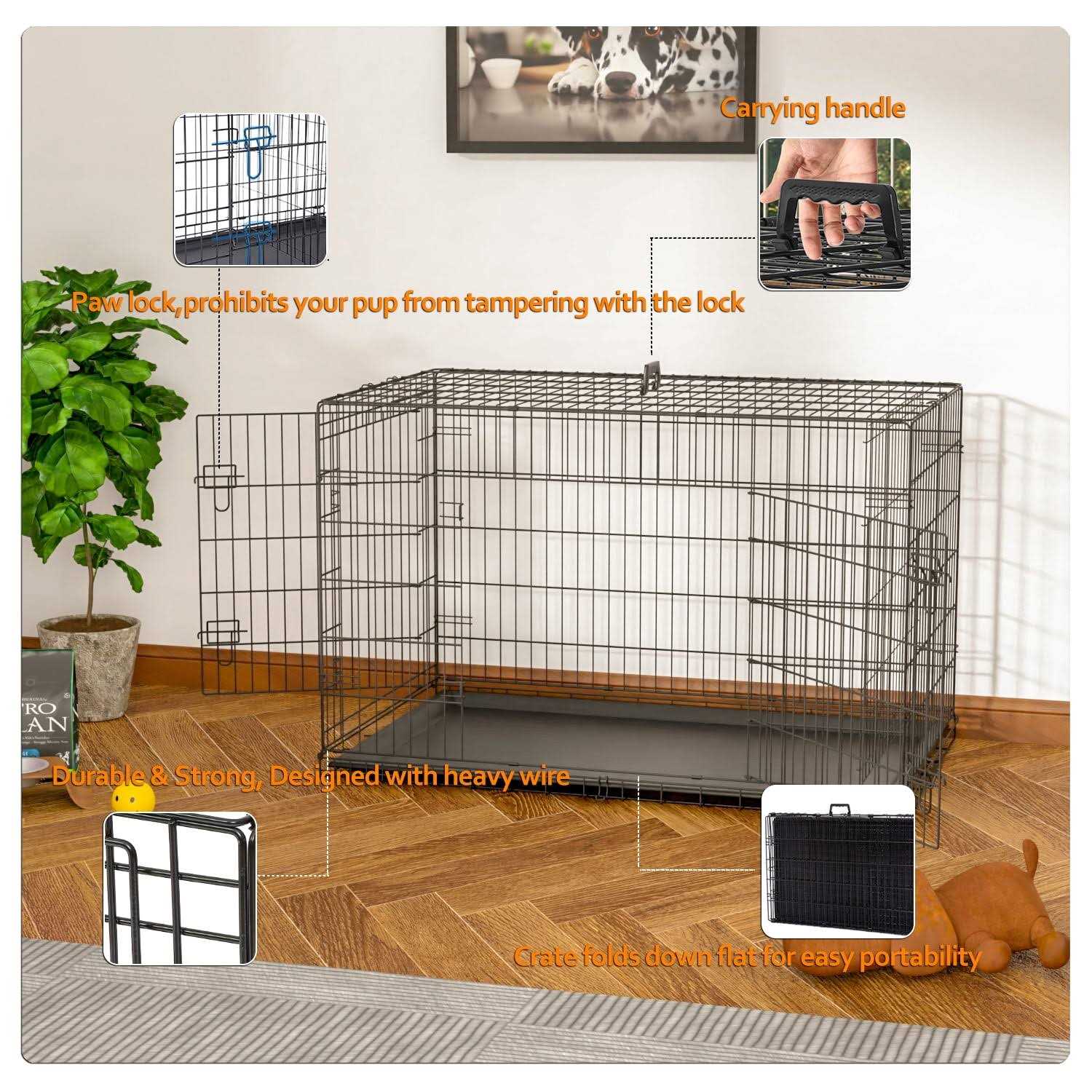 Dog Crate for Large Dogs,42 Inch Dog Kennel Outdoor with Double-Door,Folding Mental Pet Dog Cages with Divider Panel , Tray and Handle