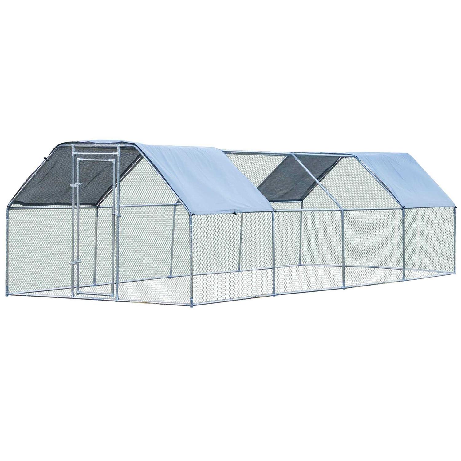 PawHut Galvanized Metal Chicken Coop Cage with Cover Walk-In Pen Run
