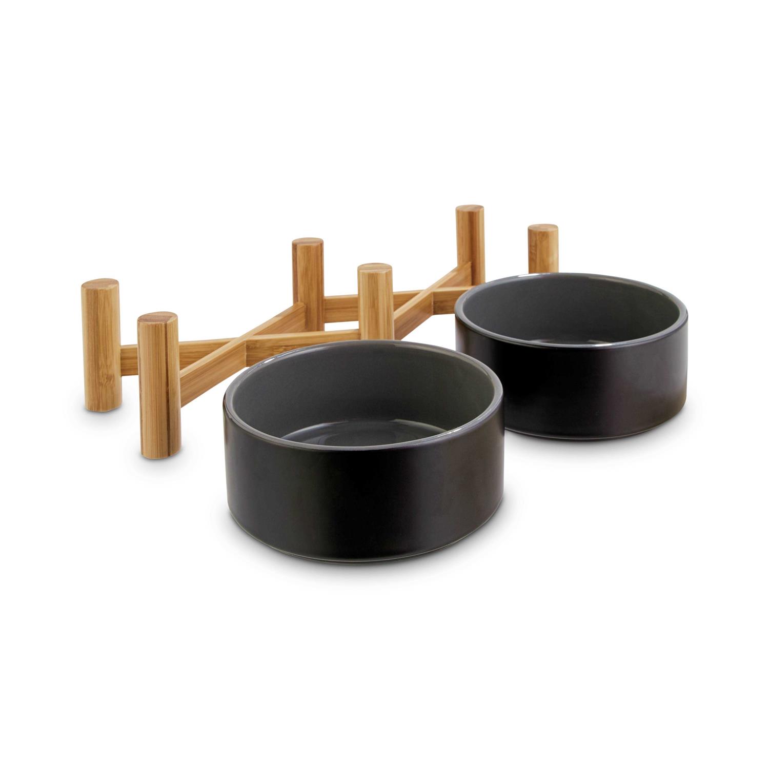 Reddy Black Ceramic Bamboo Elevated Double Diner Pet Bowl