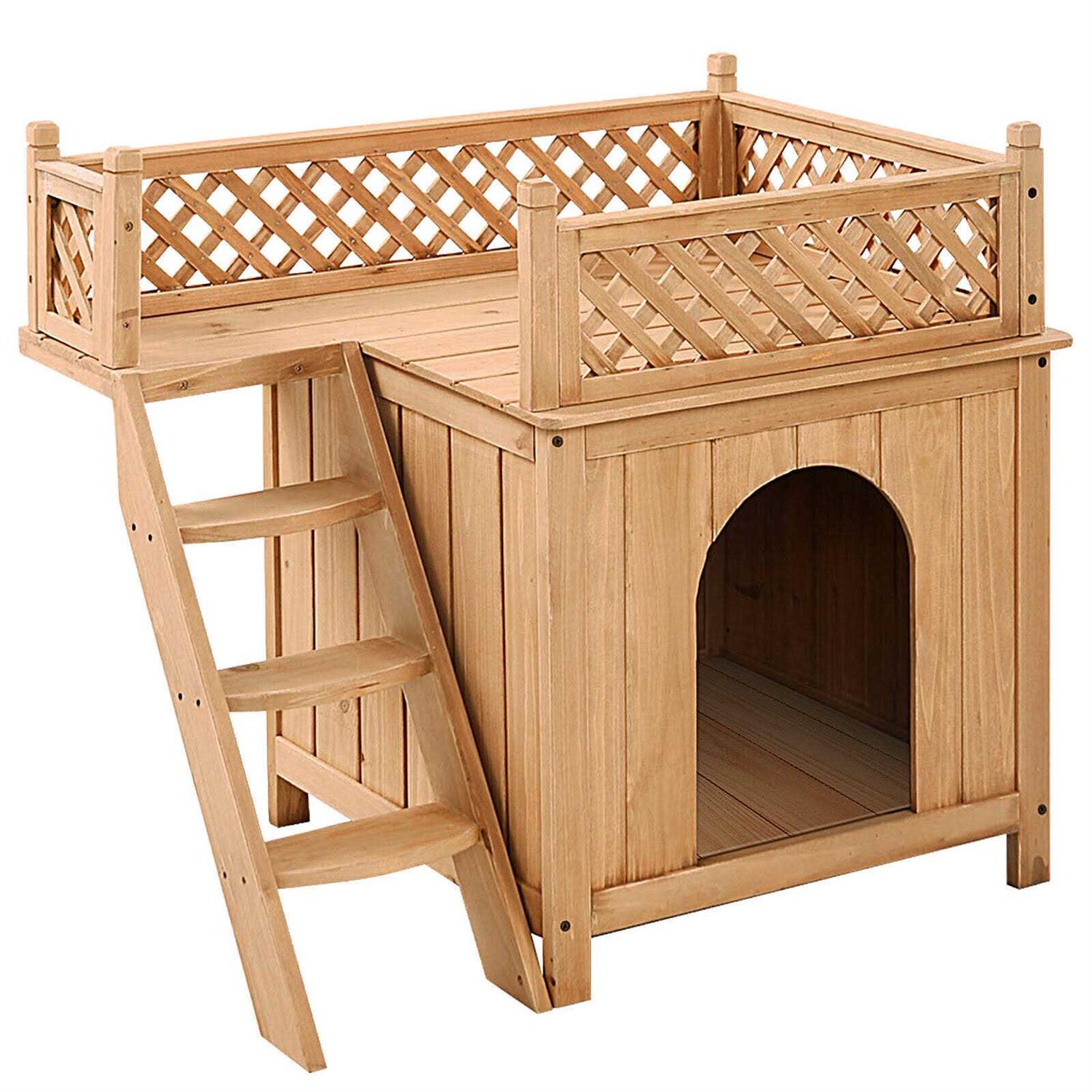 Giantex Pet Dog House, Wooden Dog Room Shelter with Stairs, Raised Roof and Balcony Bed for Indoor and Outdoor Use