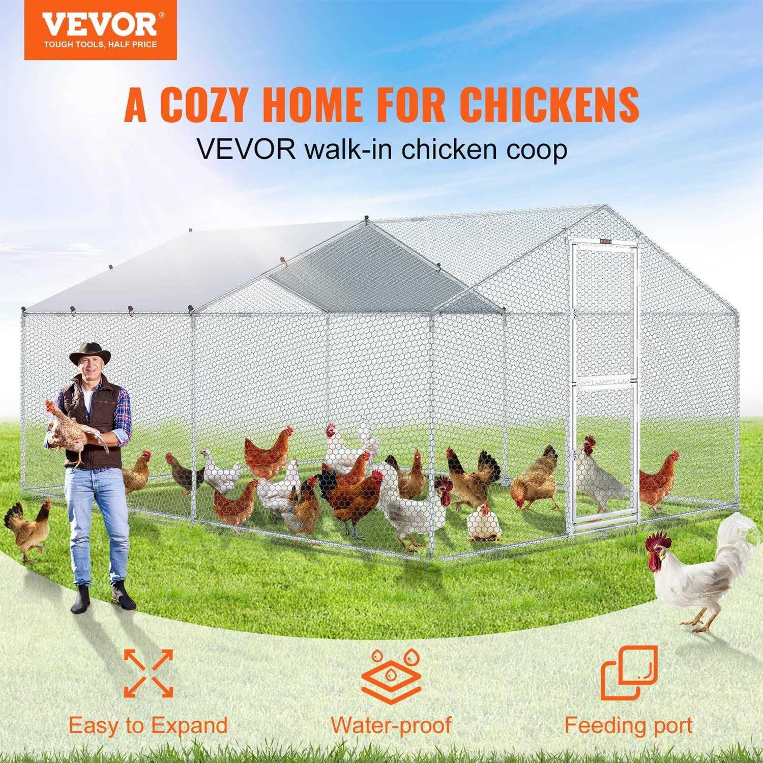 VEVOR Large Metal Chicken Coop with Run Walkin Chicken Coop for Yard with Waterproof Cover