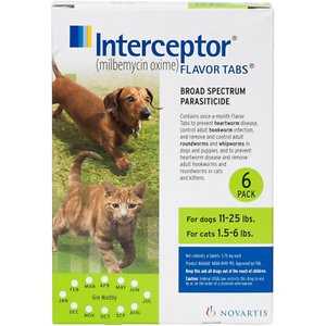 Interceptor 5.75 mg Milbemycin Oxime Tablets for Dogs 11-25 lbs & Cats 1.5-6 lbs, 6 treatments