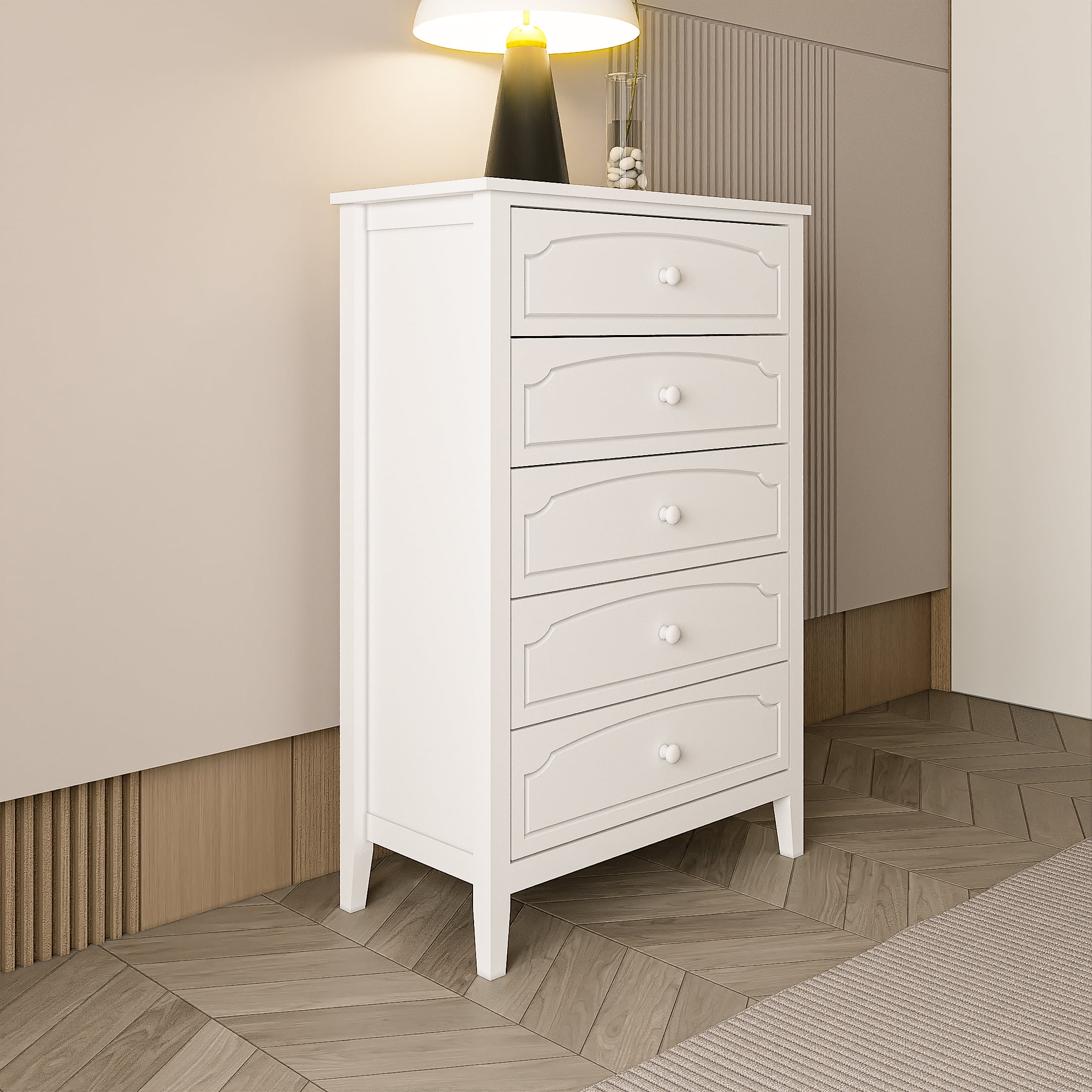 White Contemporary Roman Style. Solid Wood 5 Drawers Chest Bedroom