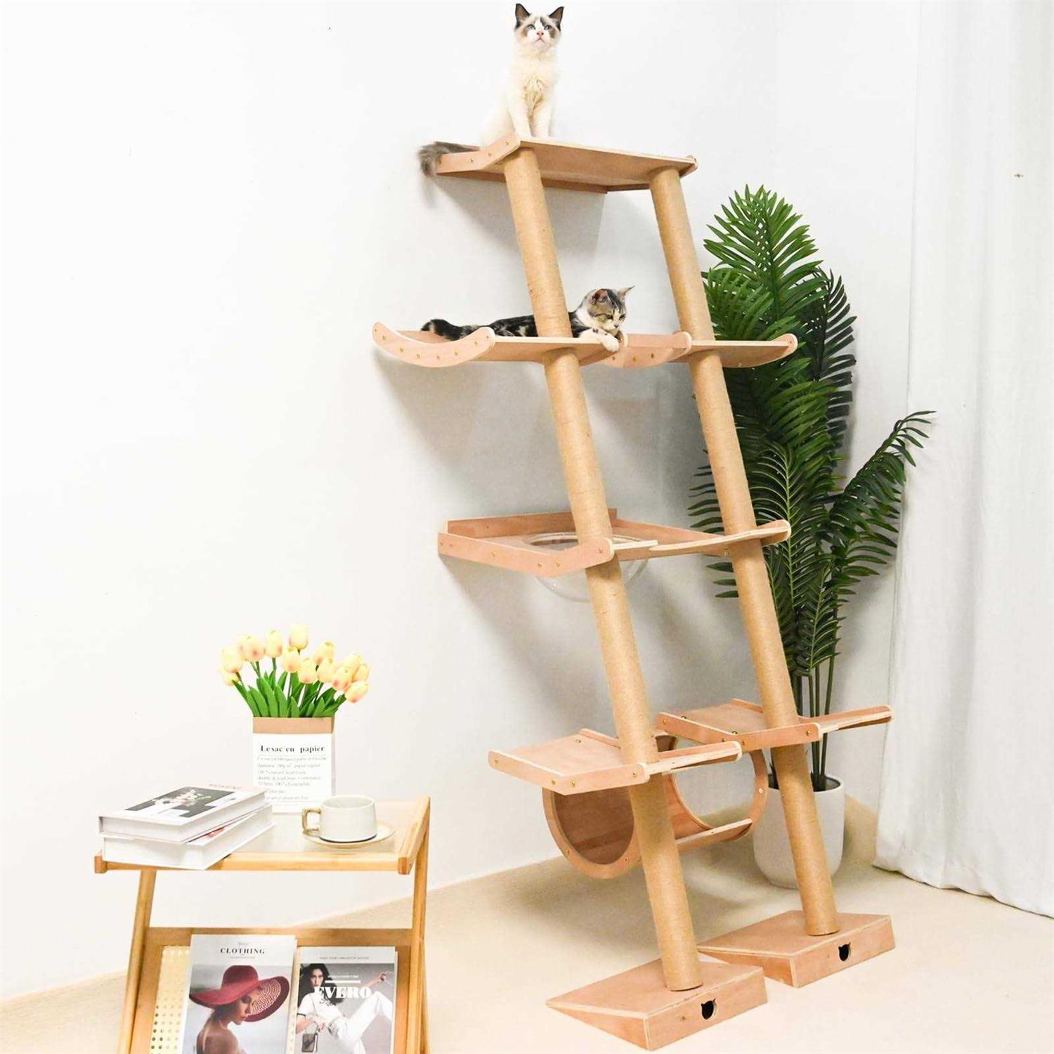 Cat Tree with Hammock Tall Wall Mounted Wood Scratching Post for Indoor Cats Climbing Activity Tower